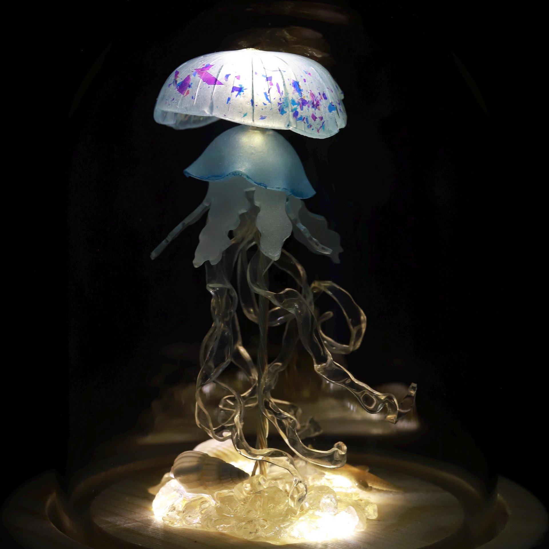 Handmade Mini Jellyfish Night Light Table Lamp - Ocean Themed Tropical Decor Glass Dome Aquarium