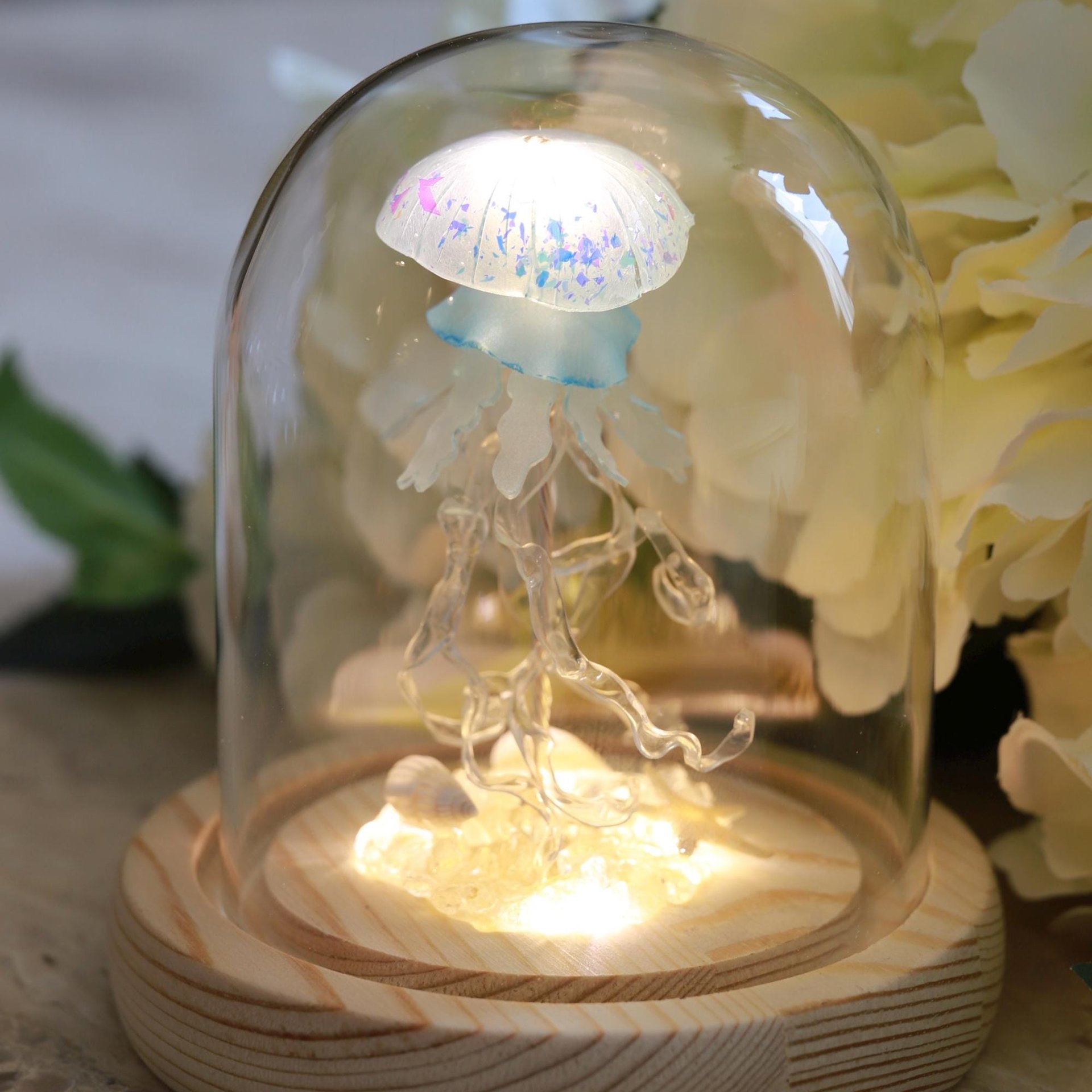 Handmade Mini Jellyfish Night Light Table Lamp - Ocean Themed Tropical Decor Glass Dome Aquarium