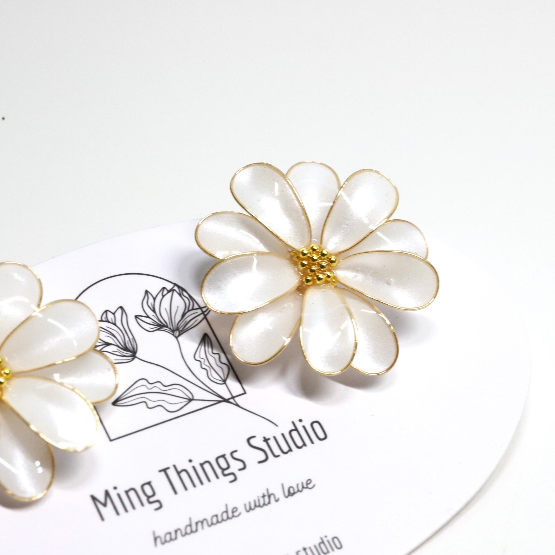 Handmade Wire Resin Daisy Flower/Sunflower Stud Earrings, April Birth Flower, Leo Zodiac Flower