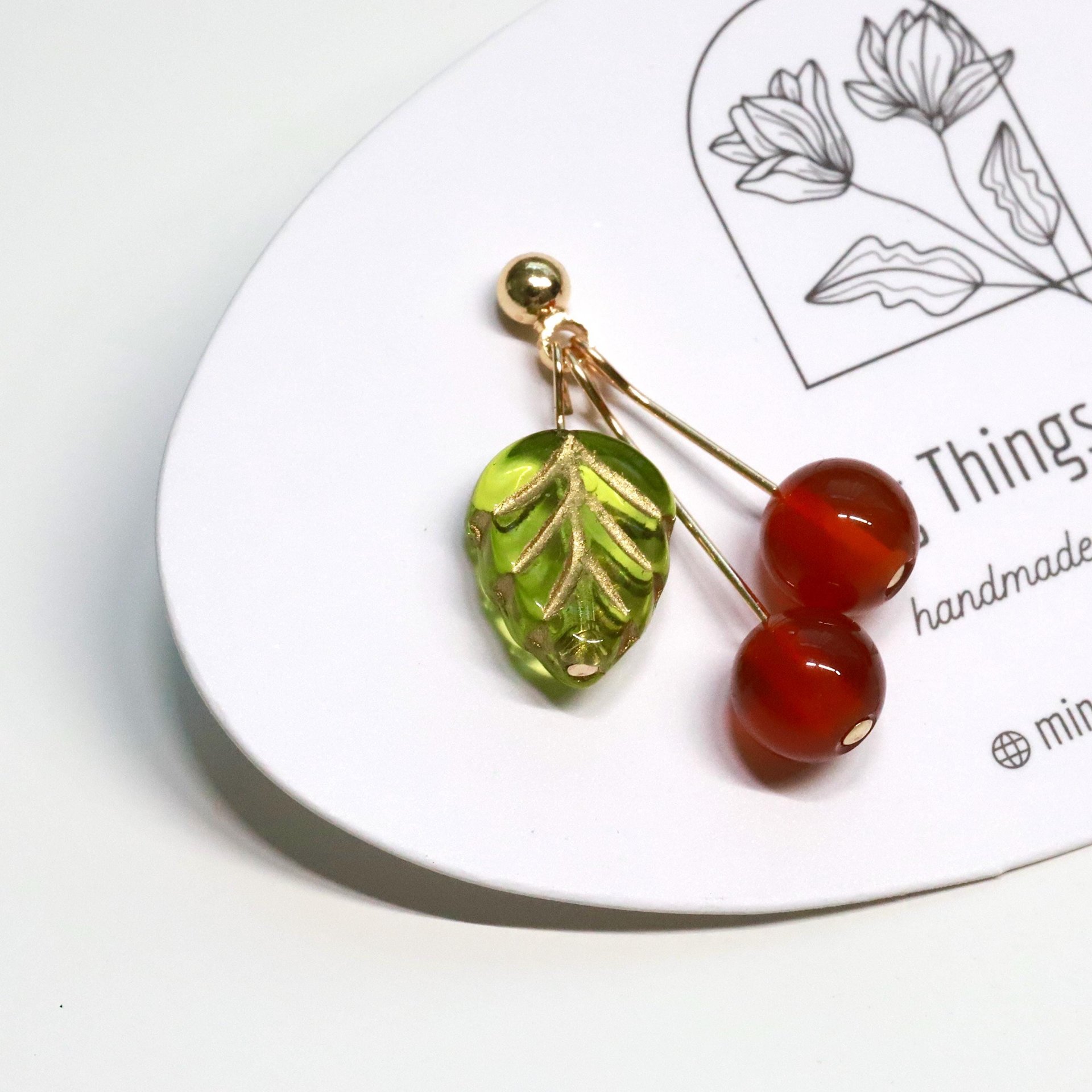 Handmade Red Cherry Fruit Earrings - Unique Agate Natural Gemstone & Czech Bead Jewelry for Holiday Outfits
