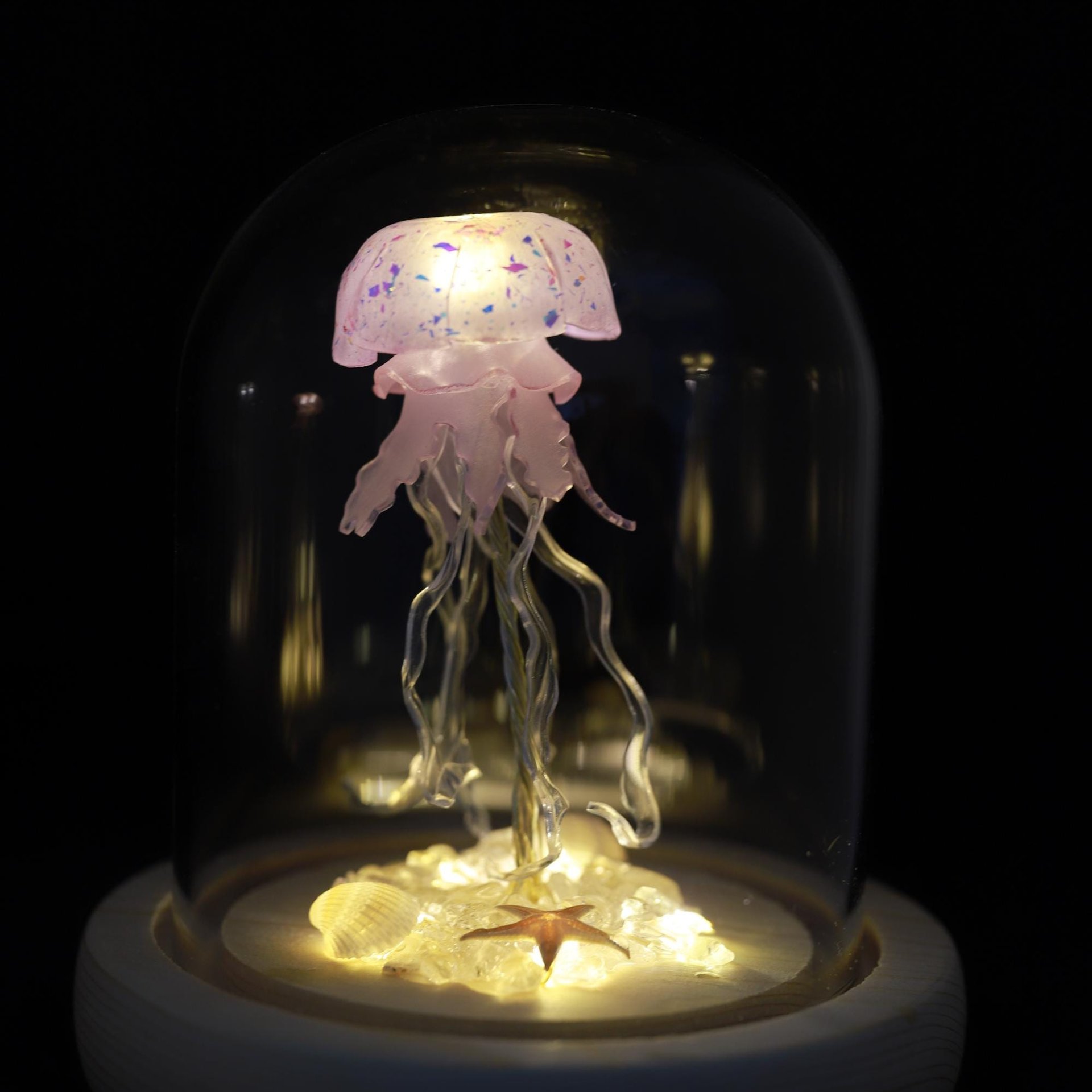 Handmade Mini Jellyfish Night Light Table Lamp - Ocean Themed Tropical Decor Glass Dome Aquarium