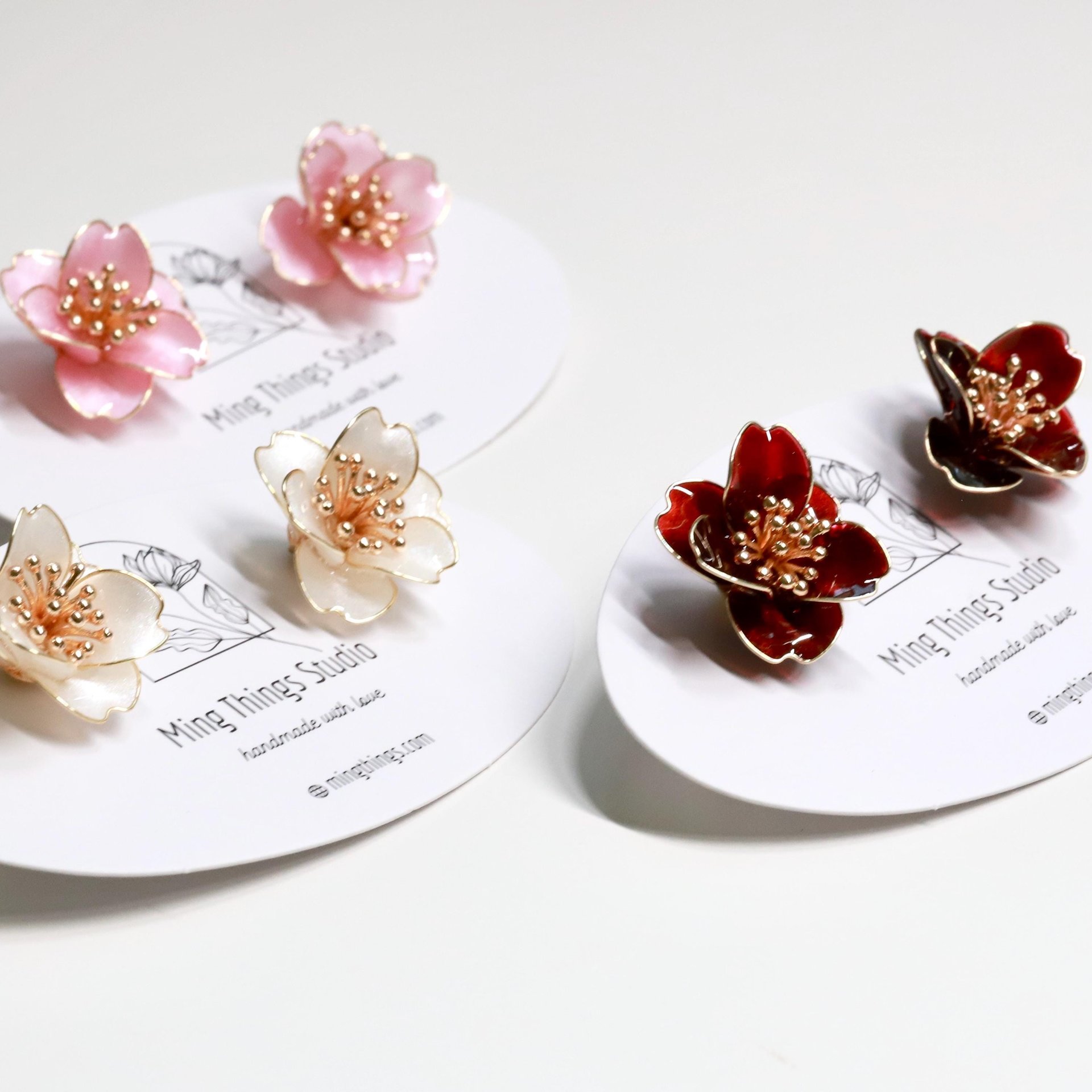Handmade Wire Resin Camellia Flower Stud Earrings, Floral Pearlescent Earrings, Nature Inspired Romantic Flower Earrings
