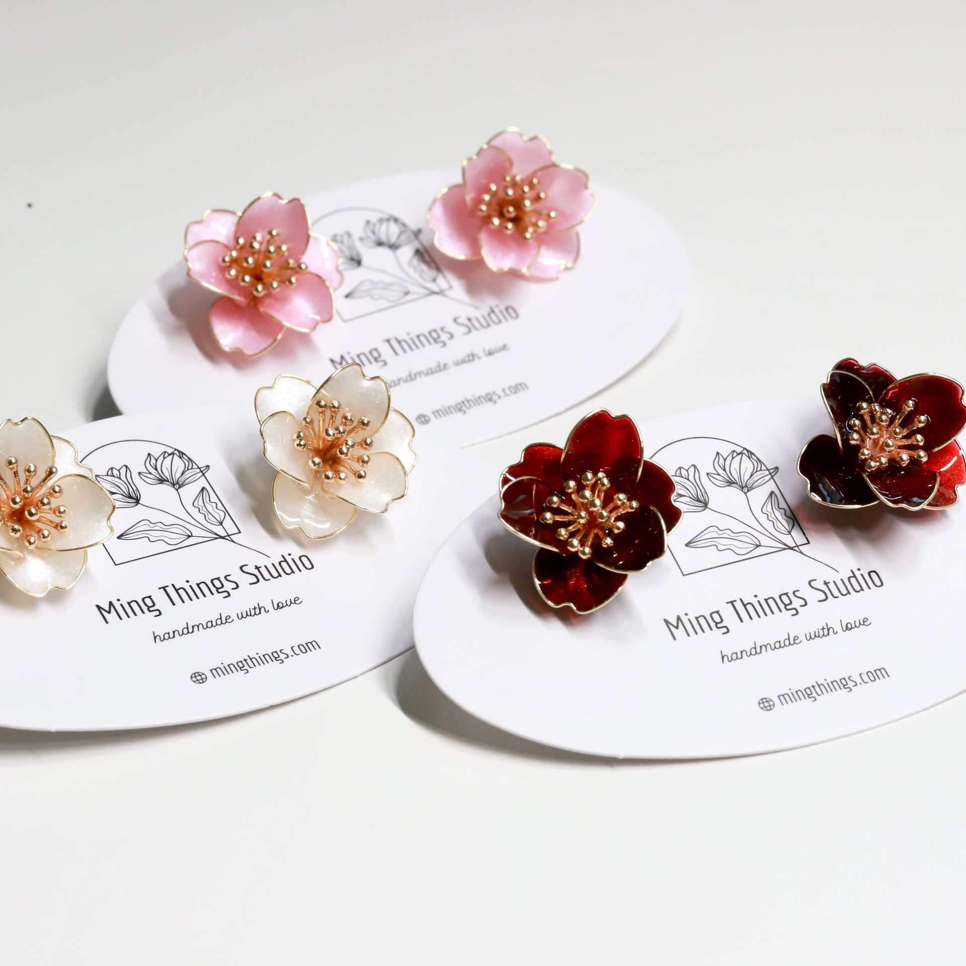 Handmade Wire Resin Camellia Flower Stud Earrings, Floral Pearlescent Earrings, Nature Inspired Romantic Flower Earrings