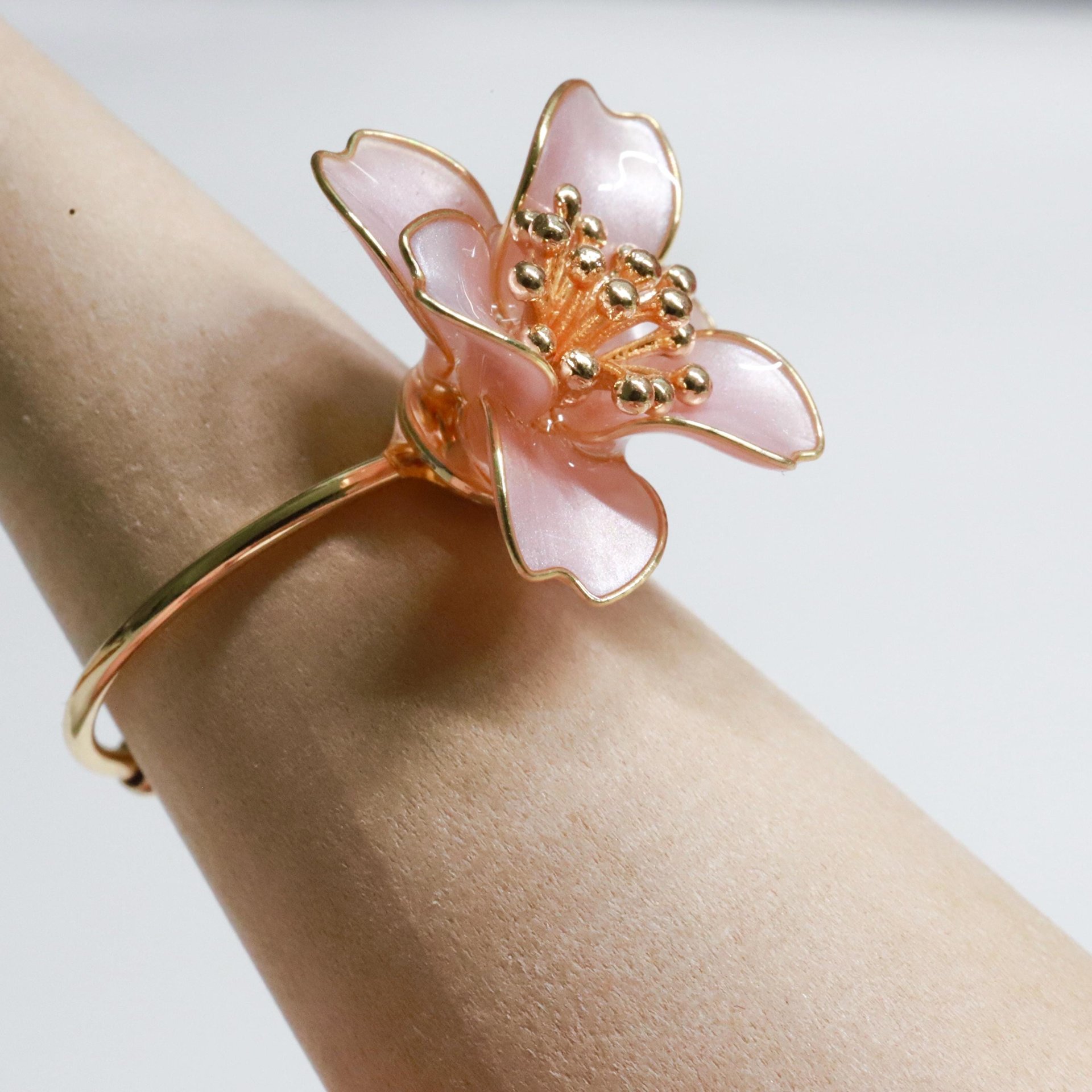 Handmade Camellia Flower Stud Earrings and Adjustable Ring, Nature Inspired Romantic Pearlescent Floral Resin Jewelry, Clip-On Available
