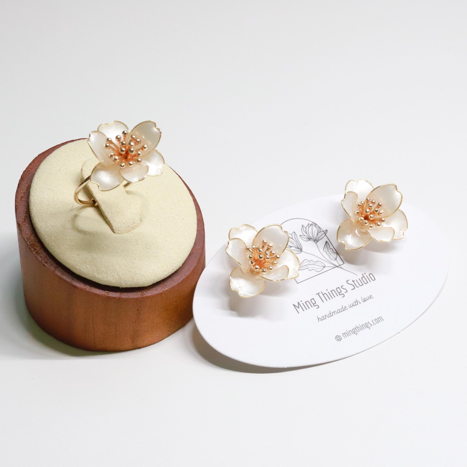 Handmade Camellia Flower Stud Earrings and Adjustable Ring, Nature Inspired Romantic Pearlescent Floral Resin Jewelry, Clip-On Available