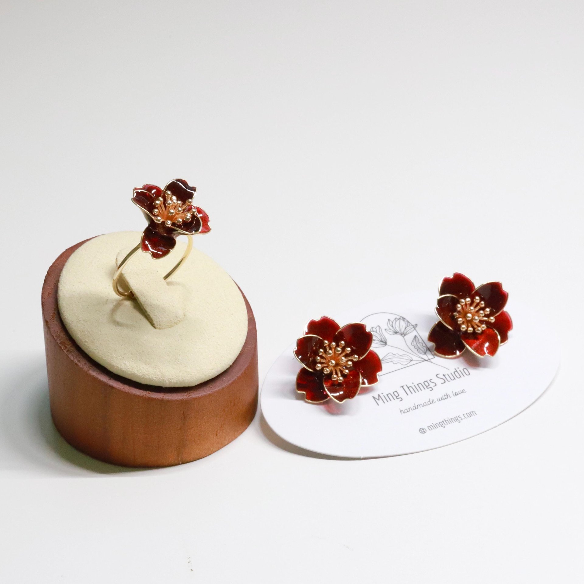 Handmade Camellia Flower Stud Earrings and Adjustable Ring, Nature Inspired Romantic Pearlescent Floral Resin Jewelry, Clip-On Available