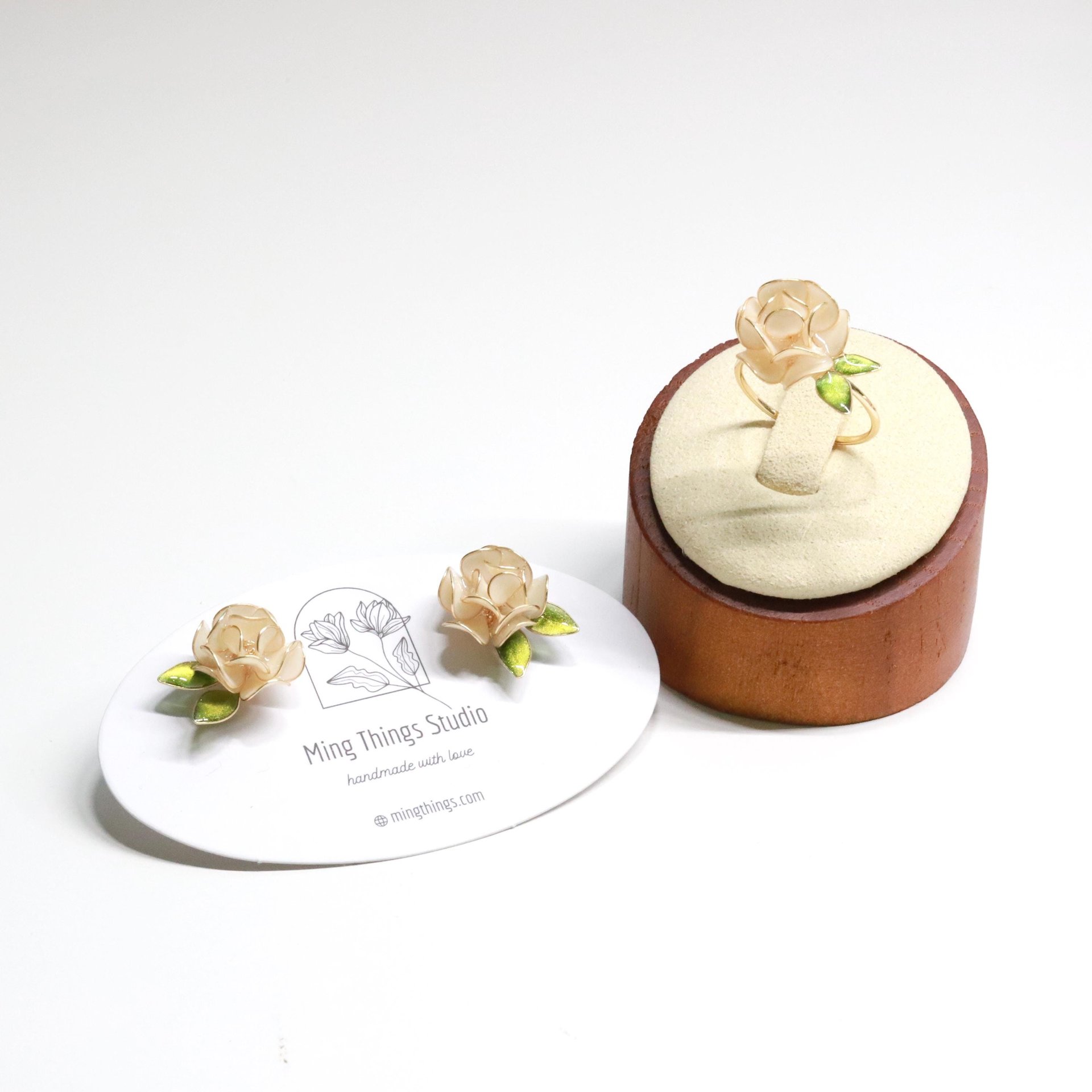 Handmade Adjustable Rose/Peony Flower Ring, Earrings, Wire Resin Floral Statement Ring, One Size Fits Most, Clip-on Earrings