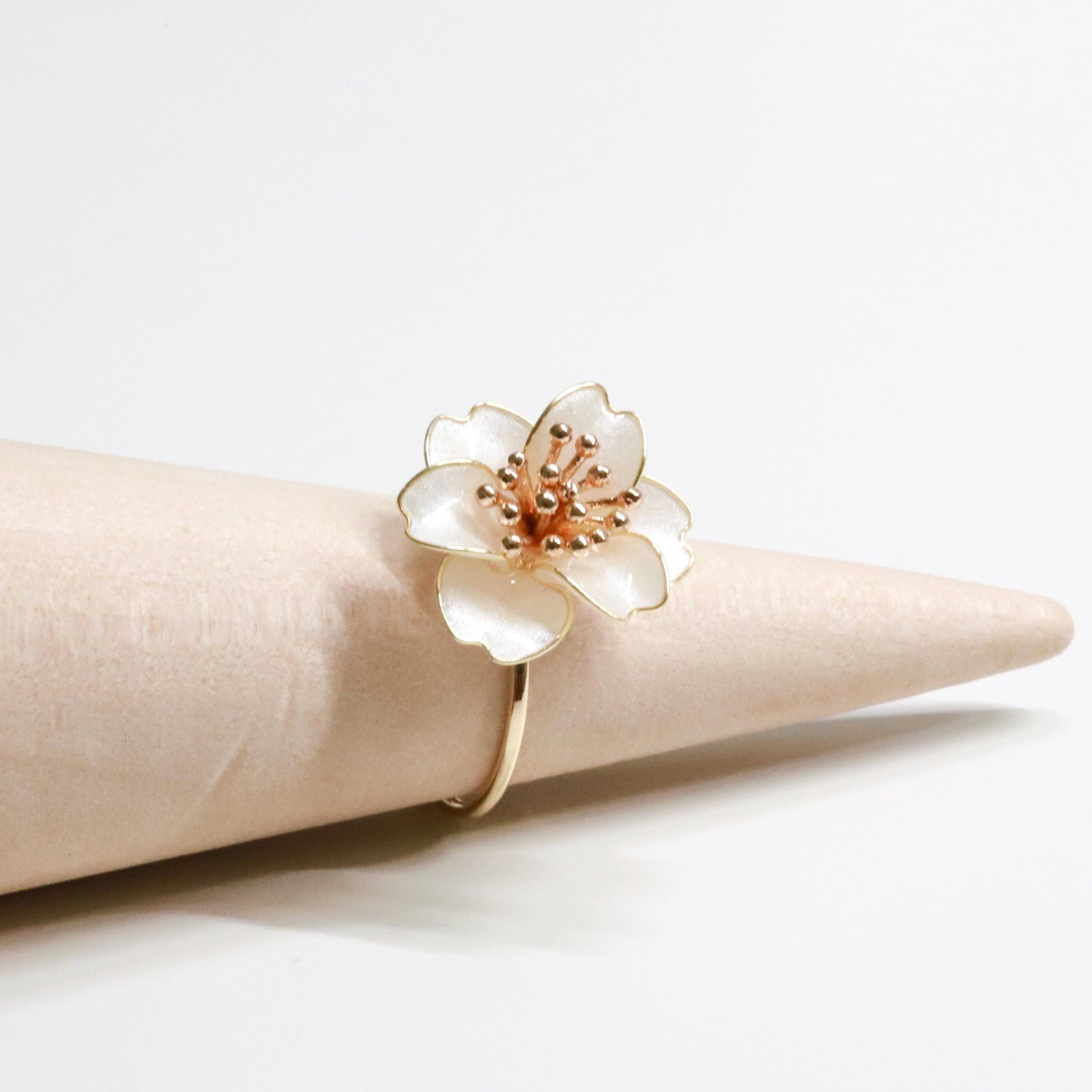 Handmade Camellia Flower Stud Earrings and Adjustable Ring, Nature Inspired Romantic Pearlescent Floral Resin Jewelry, Clip-On Available