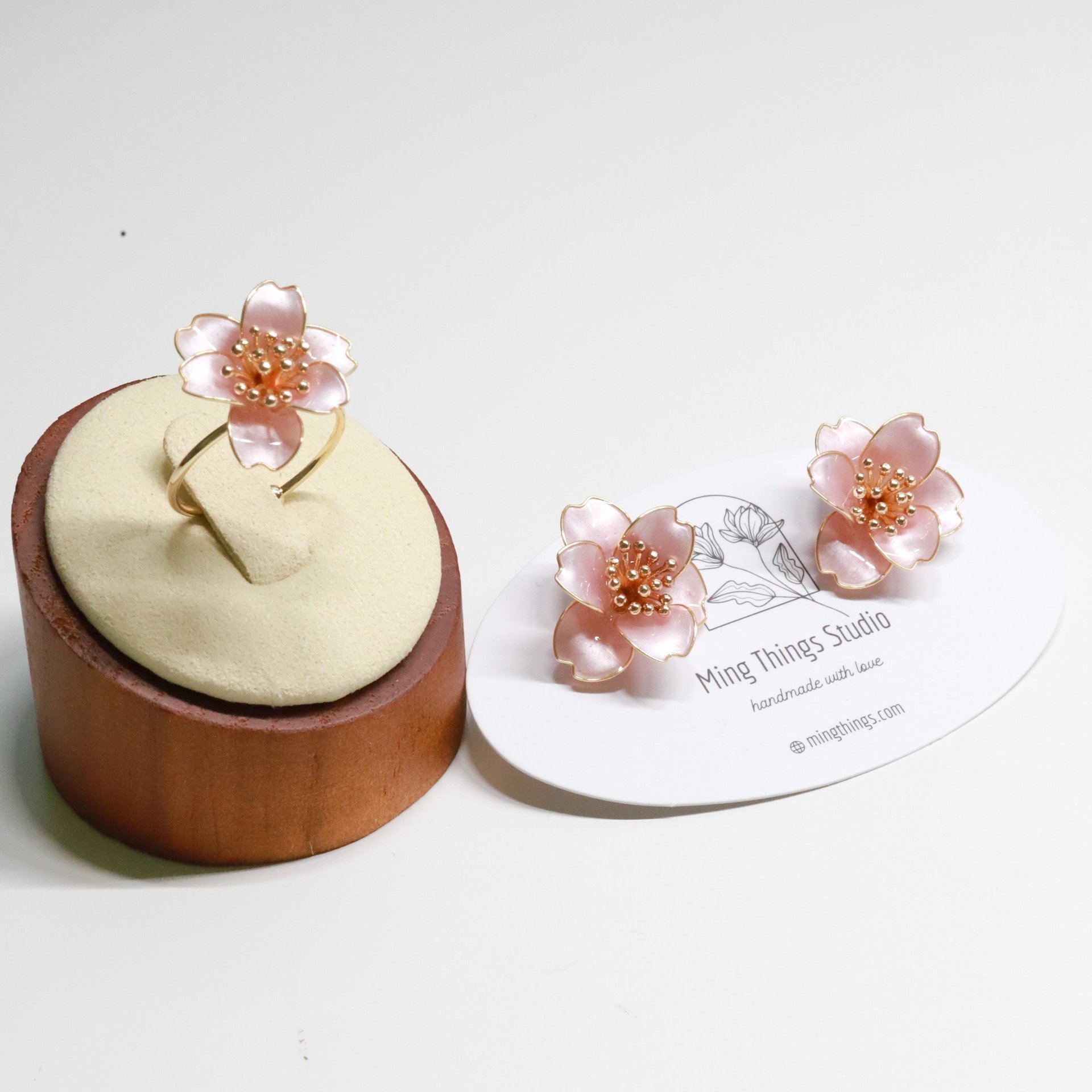 Handmade Camellia Flower Stud Earrings and Adjustable Ring, Nature Inspired Romantic Pearlescent Floral Resin Jewelry, Clip-On Available