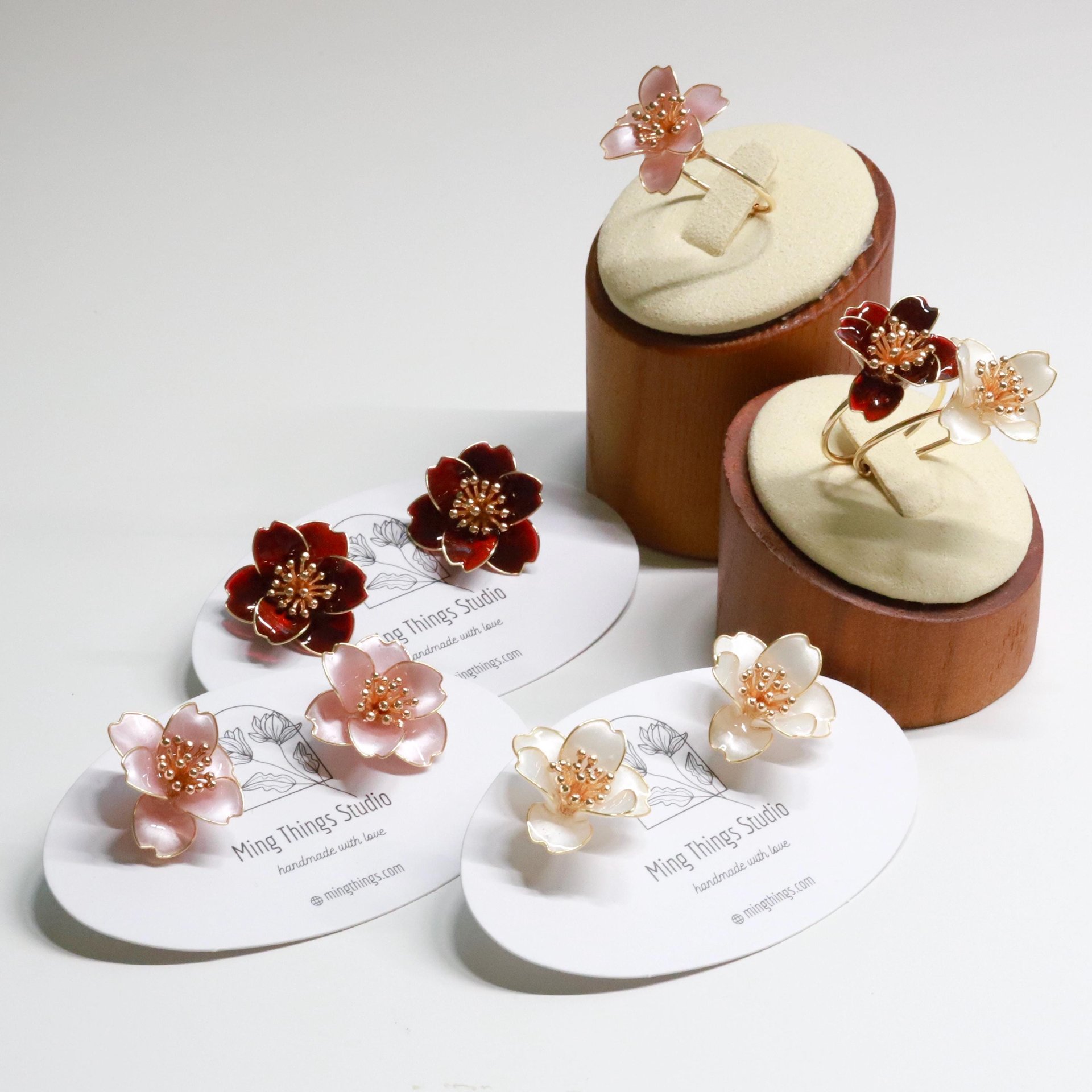 Handmade Camellia Flower Stud Earrings and Adjustable Ring, Nature Inspired Romantic Pearlescent Floral Resin Jewelry, Clip-On Available