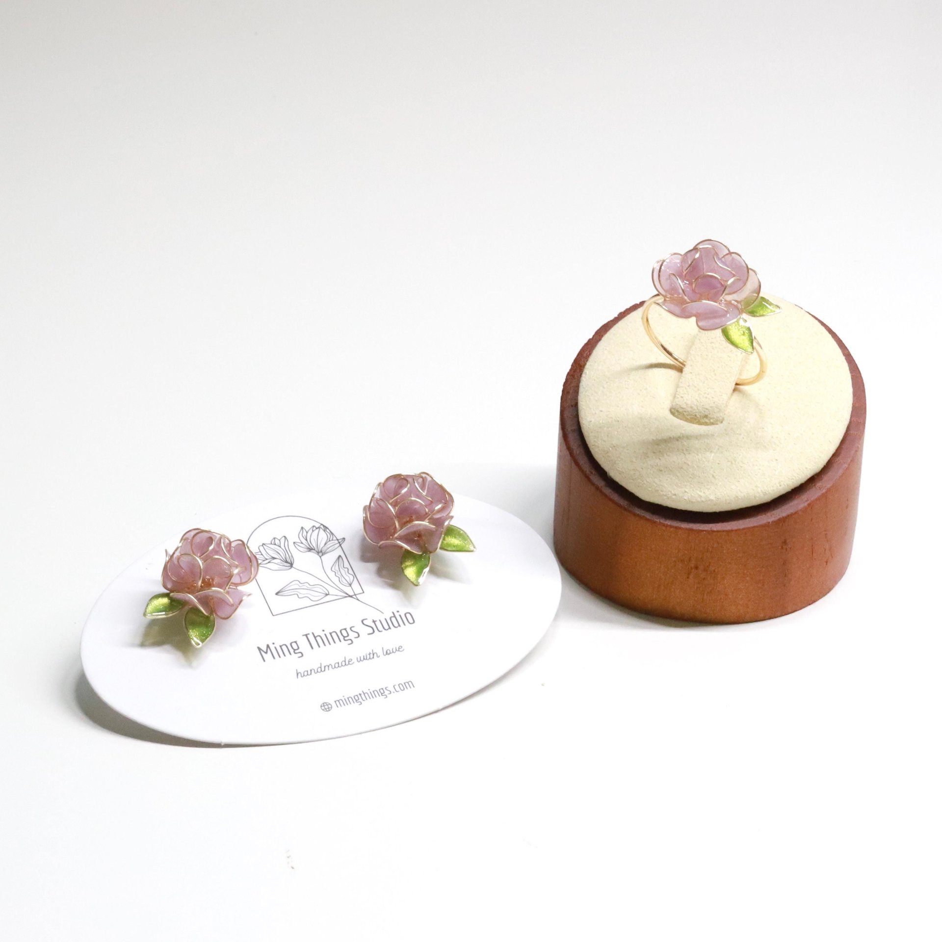 Handmade Adjustable Rose/Peony Flower Ring, Earrings, Wire Resin Floral Statement Ring, One Size Fits Most, Clip-on Earrings