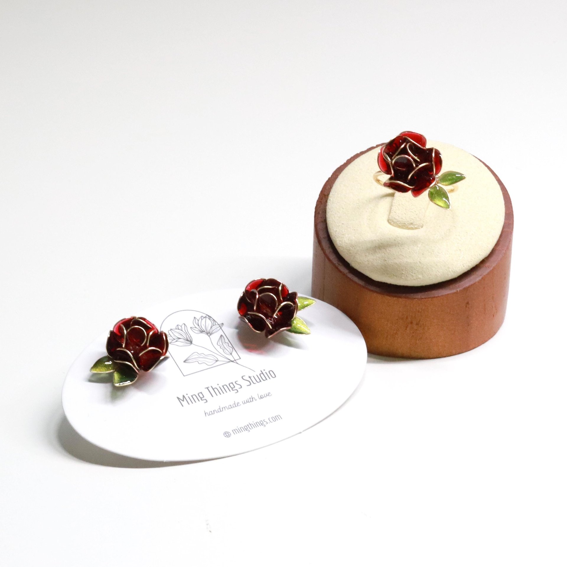 Handmade Adjustable Rose/Peony Flower Ring, Earrings, Wire Resin Floral Statement Ring, One Size Fits Most, Clip-on Earrings