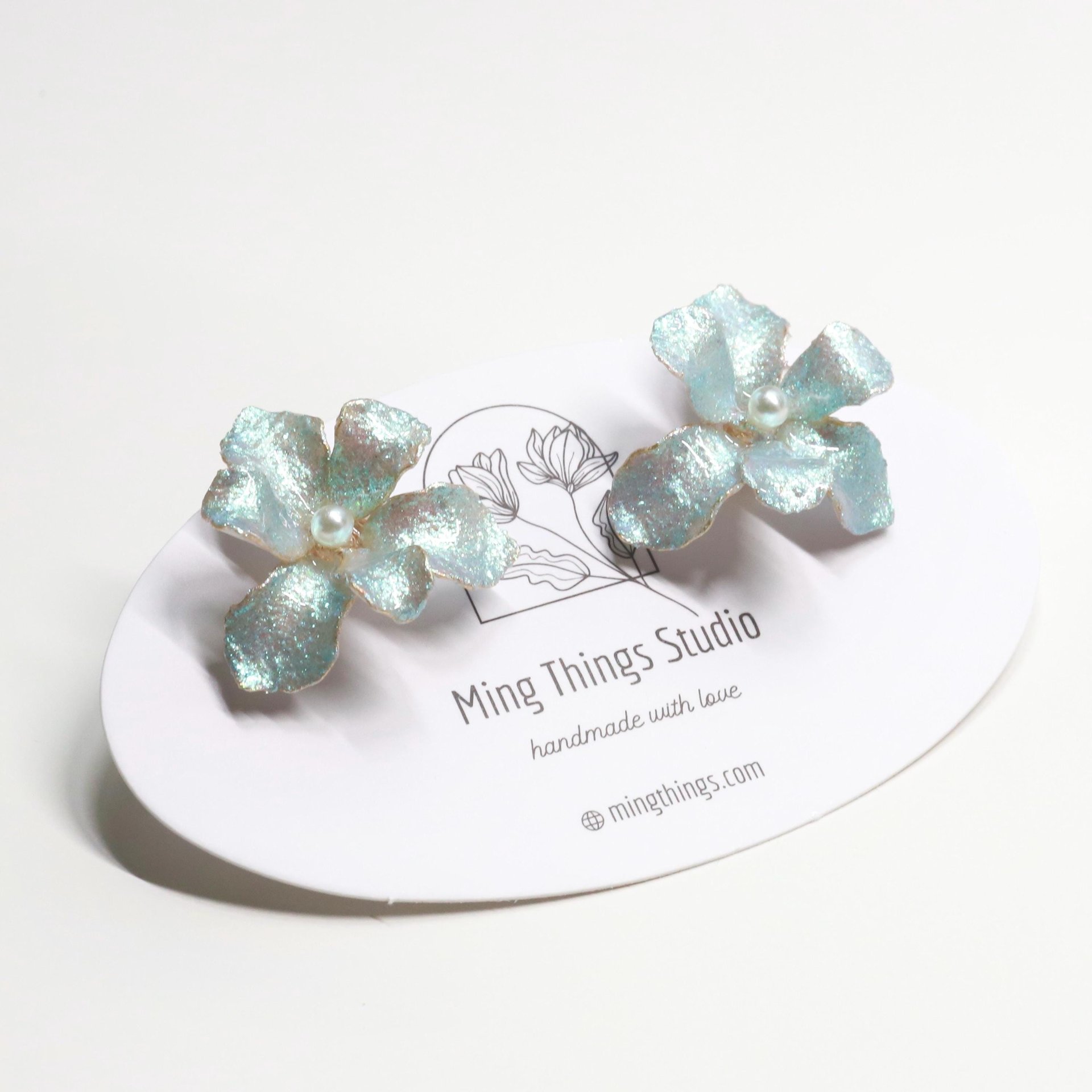 Handmade Iridescent Iris Flower Stud Earrings, Whimsical Nature Inspired Floral Jewelry