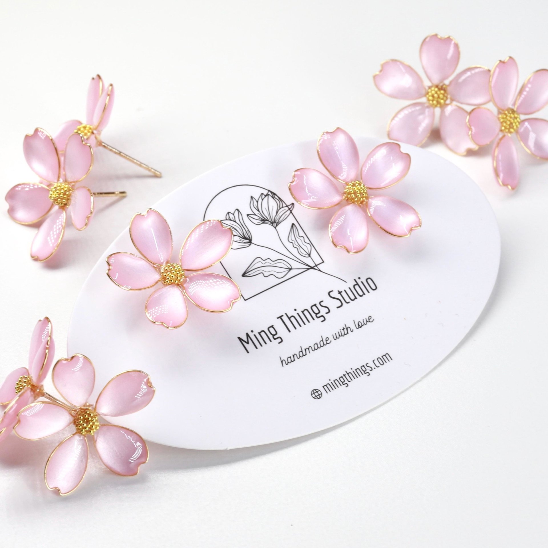 Handmade Wire Resin Cherry Blossom Pearlescent Stud Earrings, Floral Romantic Pink Sakura Stud, Clip On Available