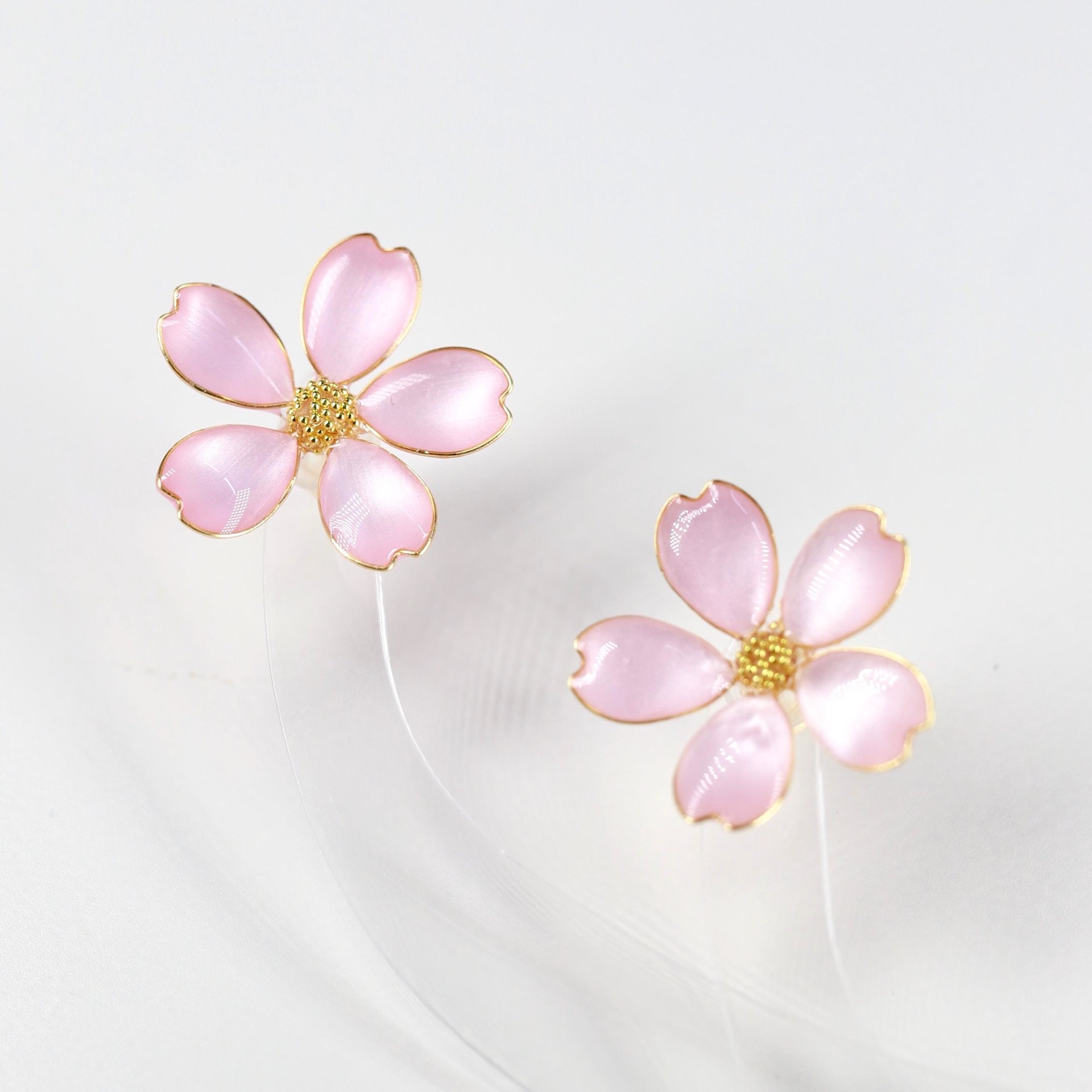 Handmade Wire Resin Cherry Blossom Pearlescent Stud Earrings, Floral Romantic Pink Sakura Stud, Clip On Available
