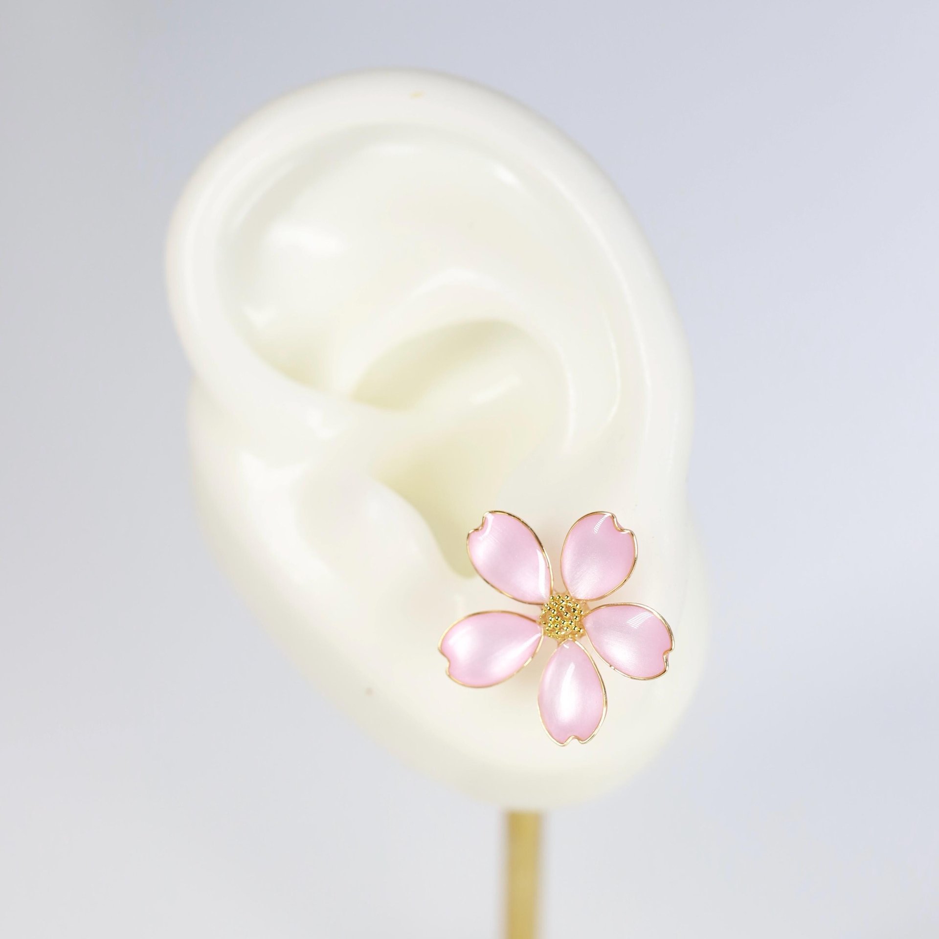 Handmade Wire Resin Cherry Blossom Pearlescent Stud Earrings, Floral Romantic Pink Sakura Stud, Clip On Available