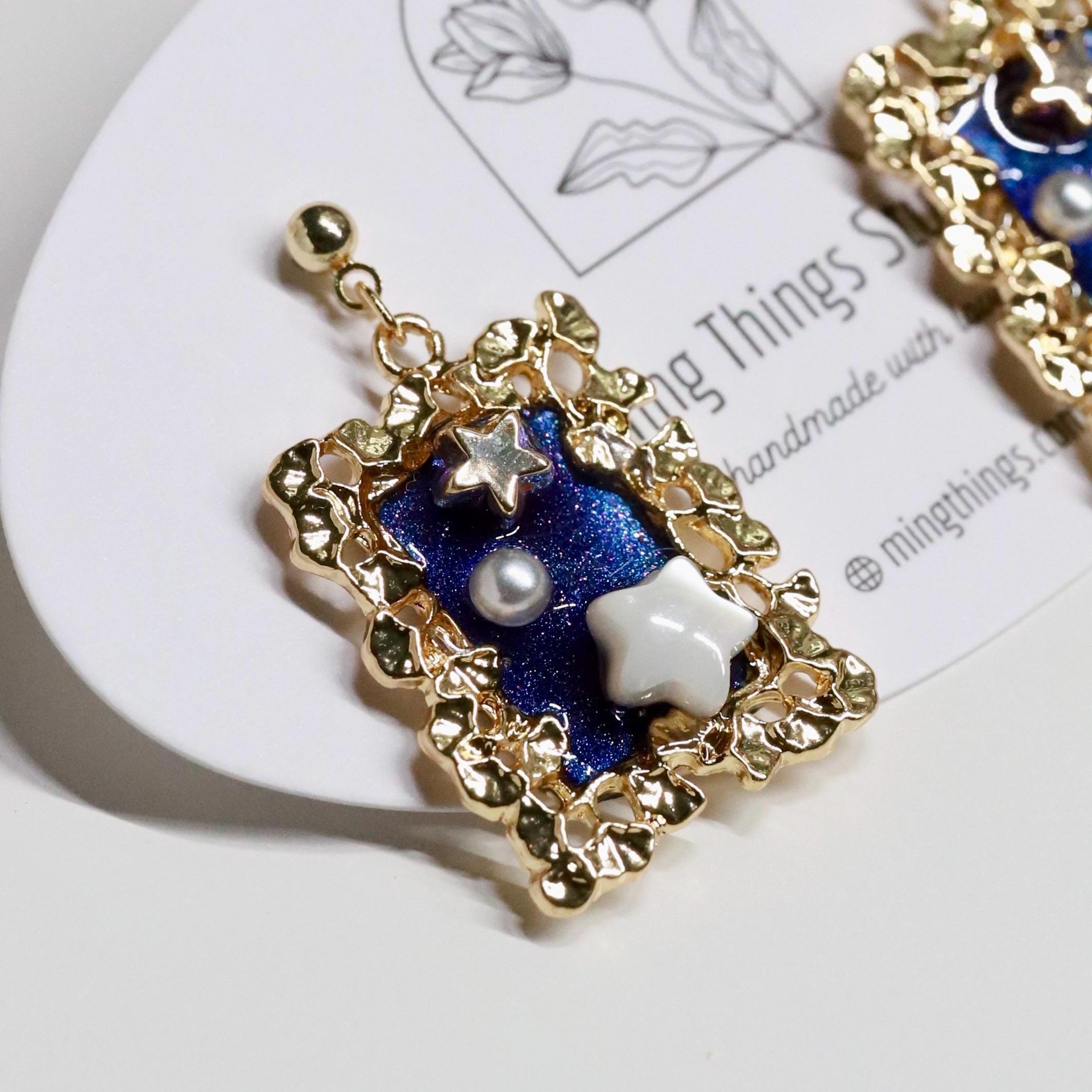 Starry Night Handmade Drop Statement Earrings: Romantic Sapphire Celestial Galaxy Jewelry, Gold & Pearl Stars with Floral Frame Accessories
