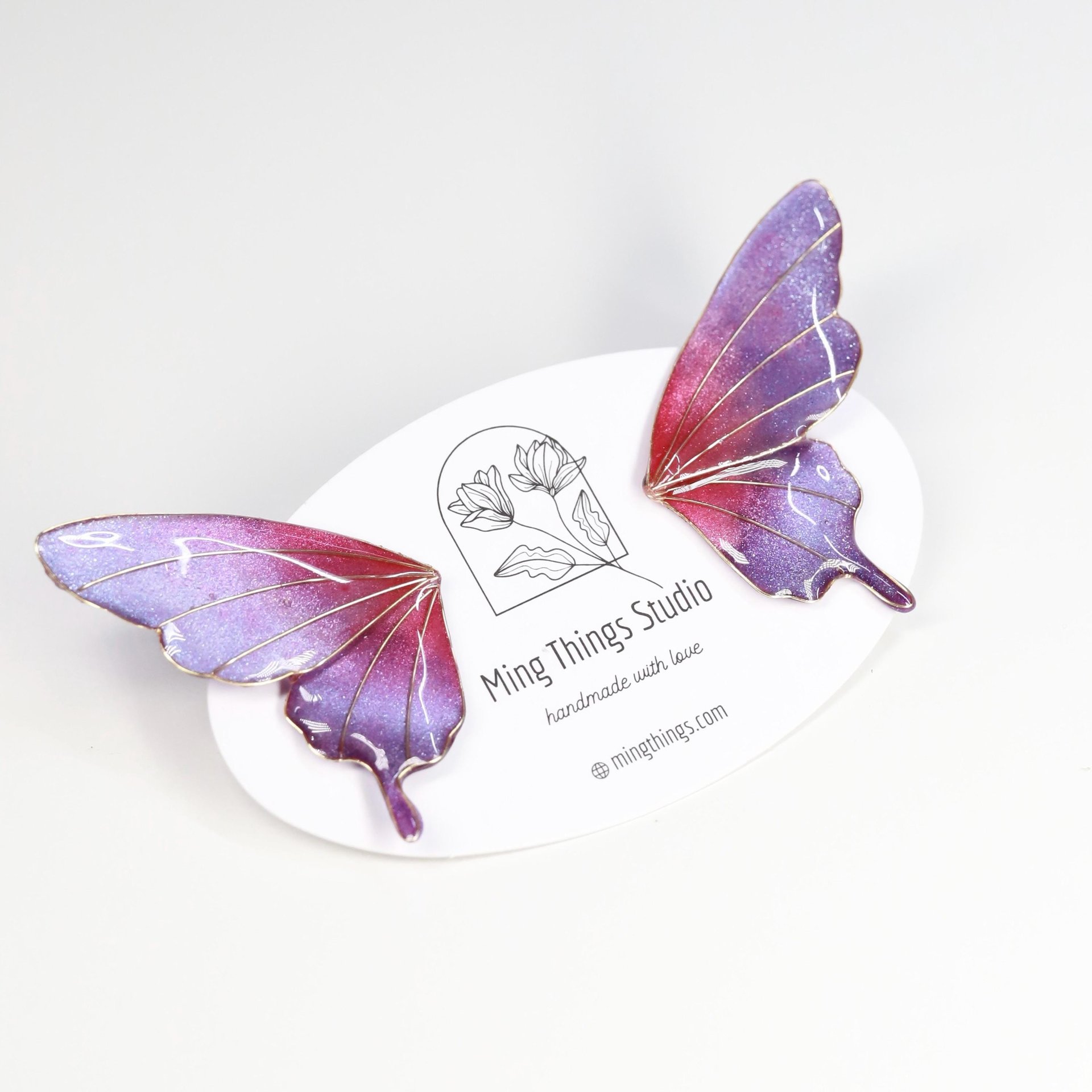 Handmade Shimmery Butterfly Stud Earrings, Sparkling Jewel-Tone Statement Earrings, Gradient Glittering Fairy Wing Wire Resin Jewelry,