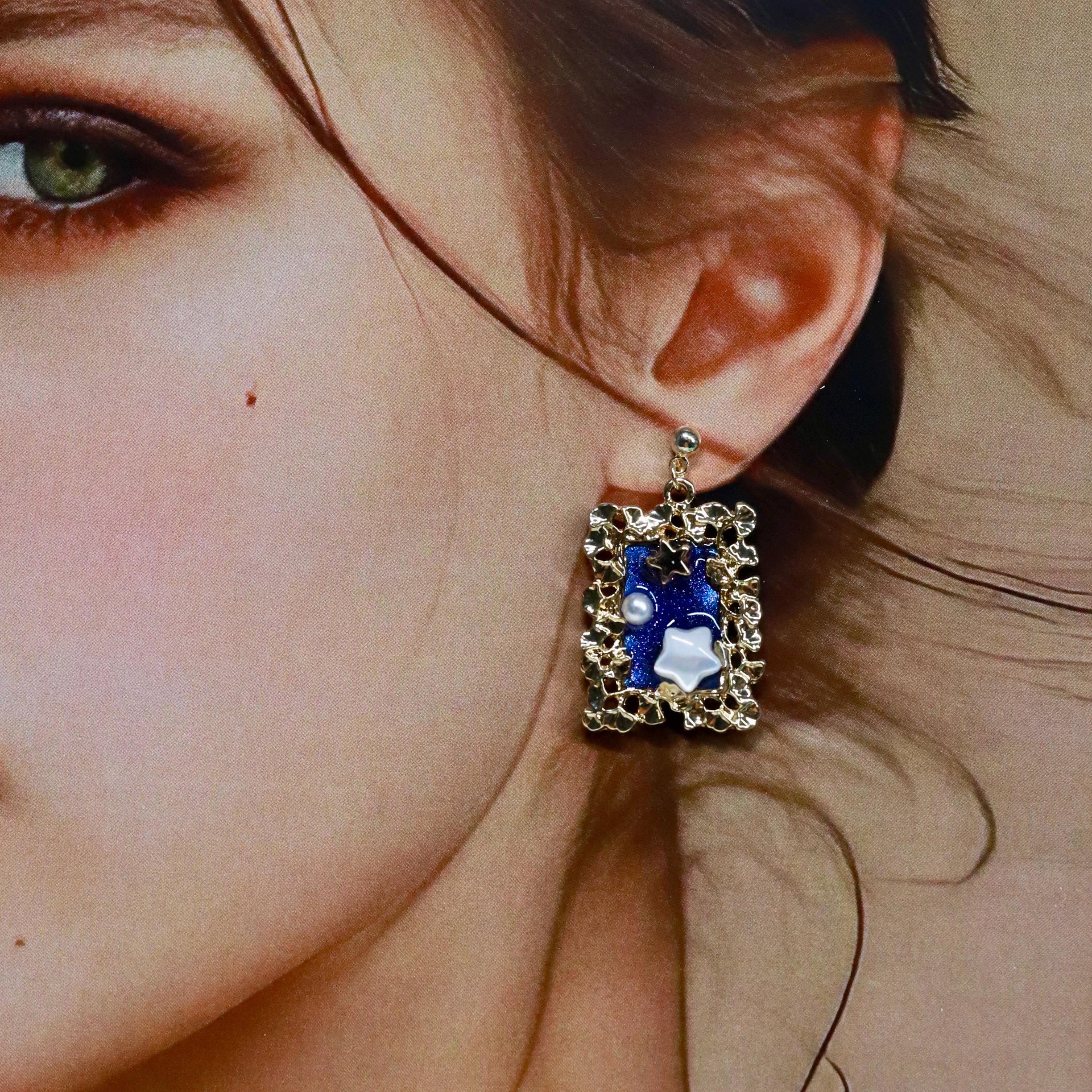 Starry Night Handmade Drop Statement Earrings: Romantic Sapphire Celestial Galaxy Jewelry, Gold & Pearl Stars with Floral Frame Accessories