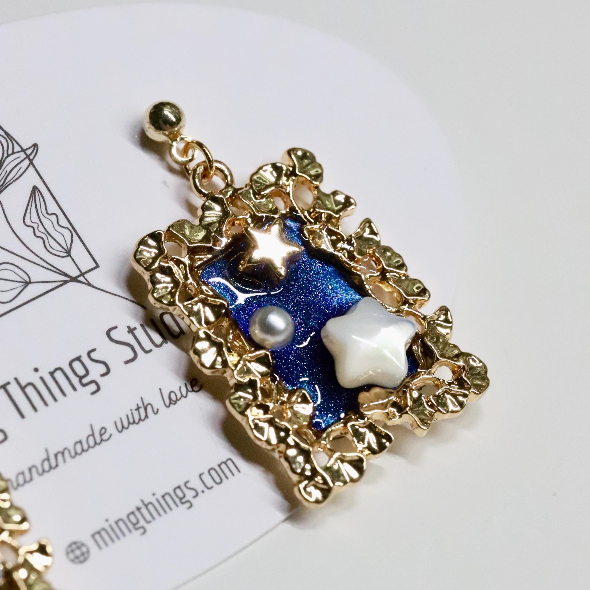 Starry Night Handmade Drop Statement Earrings: Romantic Sapphire Celestial Galaxy Jewelry, Gold & Pearl Stars with Floral Frame Accessories