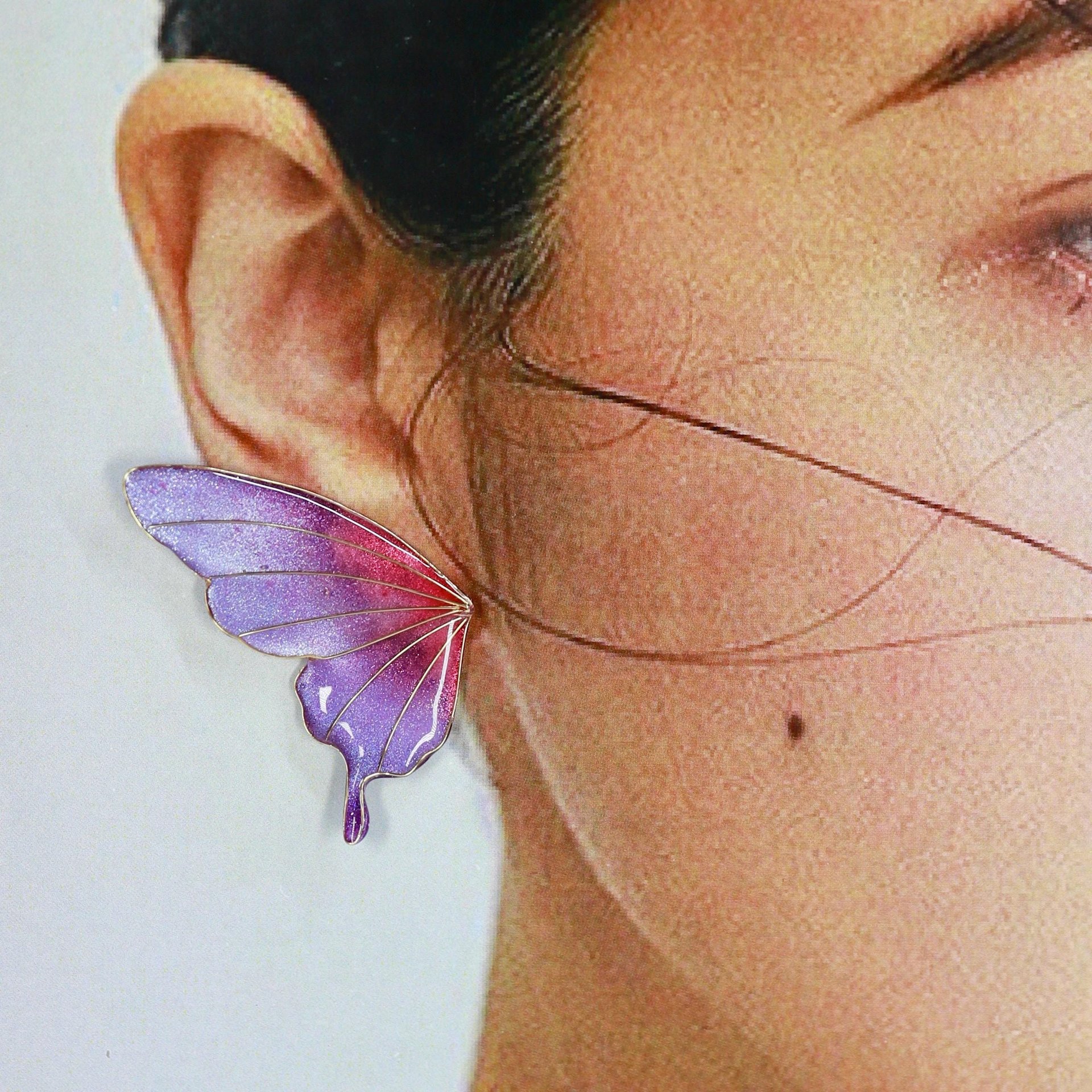 Handmade Shimmery Butterfly Stud Earrings, Sparkling Jewel-Tone Statement Earrings, Gradient Glittering Fairy Wing Wire Resin Jewelry,