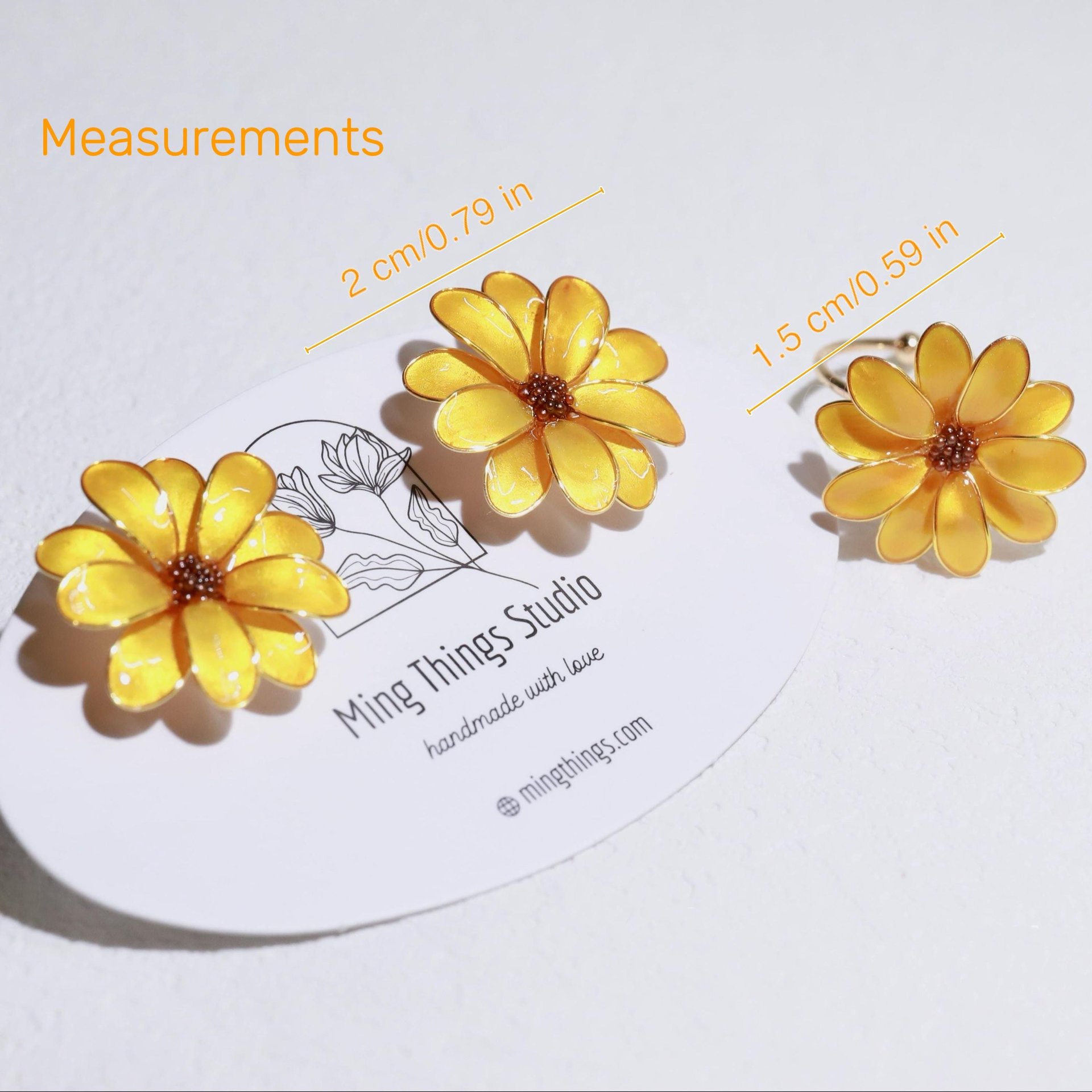 Handmade Daisy Blossom Sparkling Stud Earrings and Adjustable Rings. Elegant Crushed Diamond Jewelry. April Birth Flower. Clip-on Available.