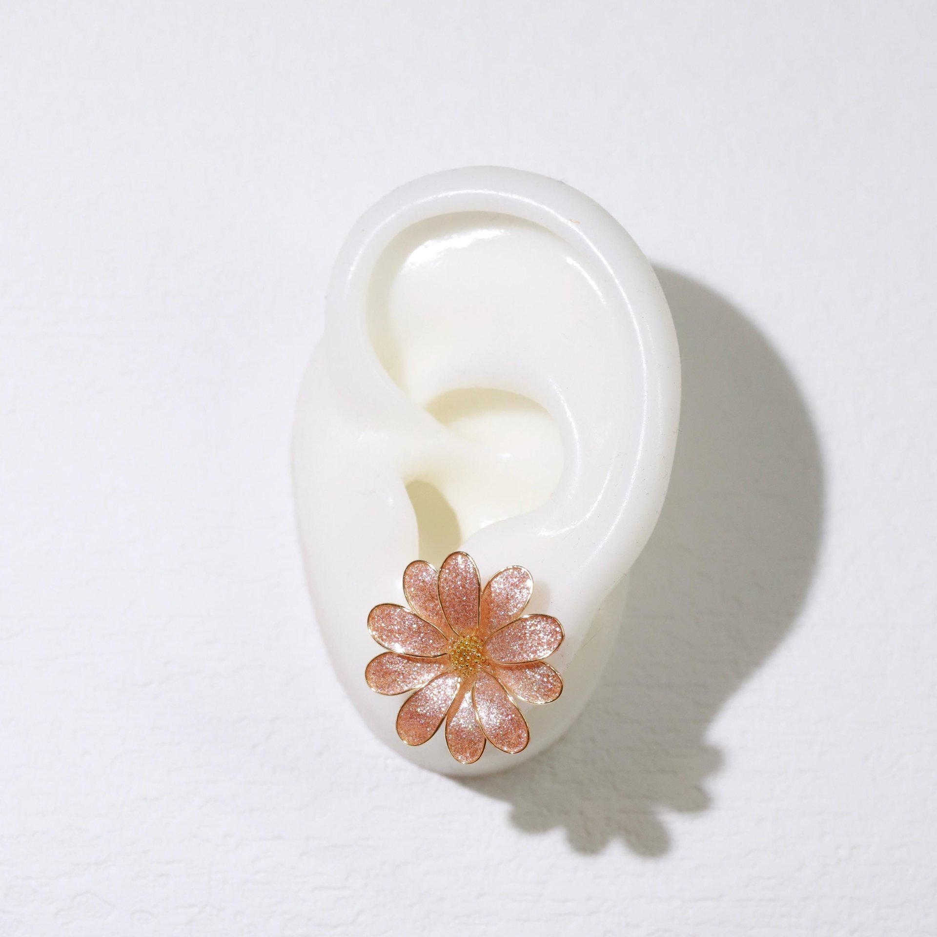 Handmade Daisy Blossom Sparkling Stud Earrings and Adjustable Rings. Elegant Crushed Diamond Jewelry. April Birth Flower. Clip-on Available.