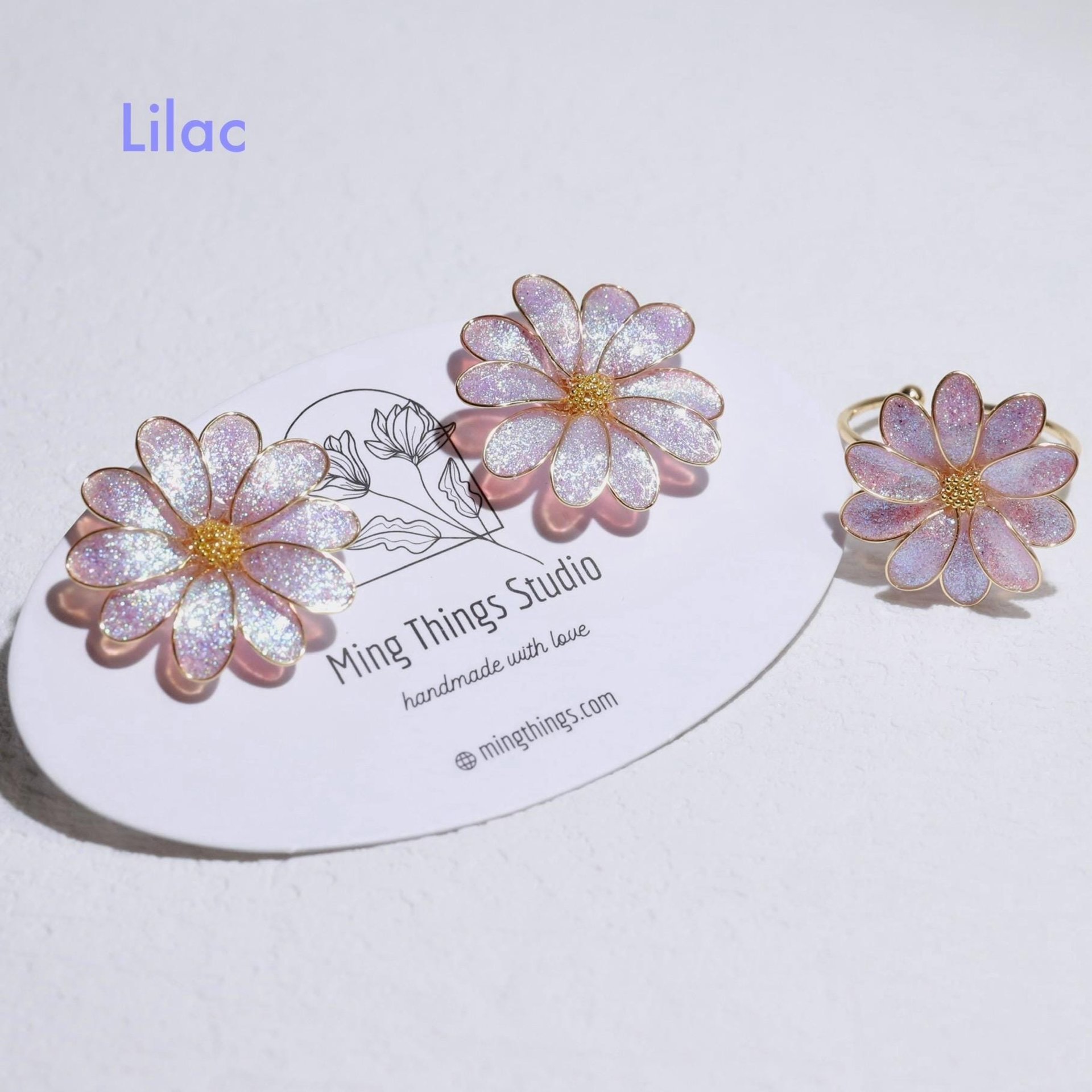 Handmade Daisy Blossom Sparkling Stud Earrings and Adjustable Rings. Elegant Crushed Diamond Jewelry. April Birth Flower. Clip-on Available.