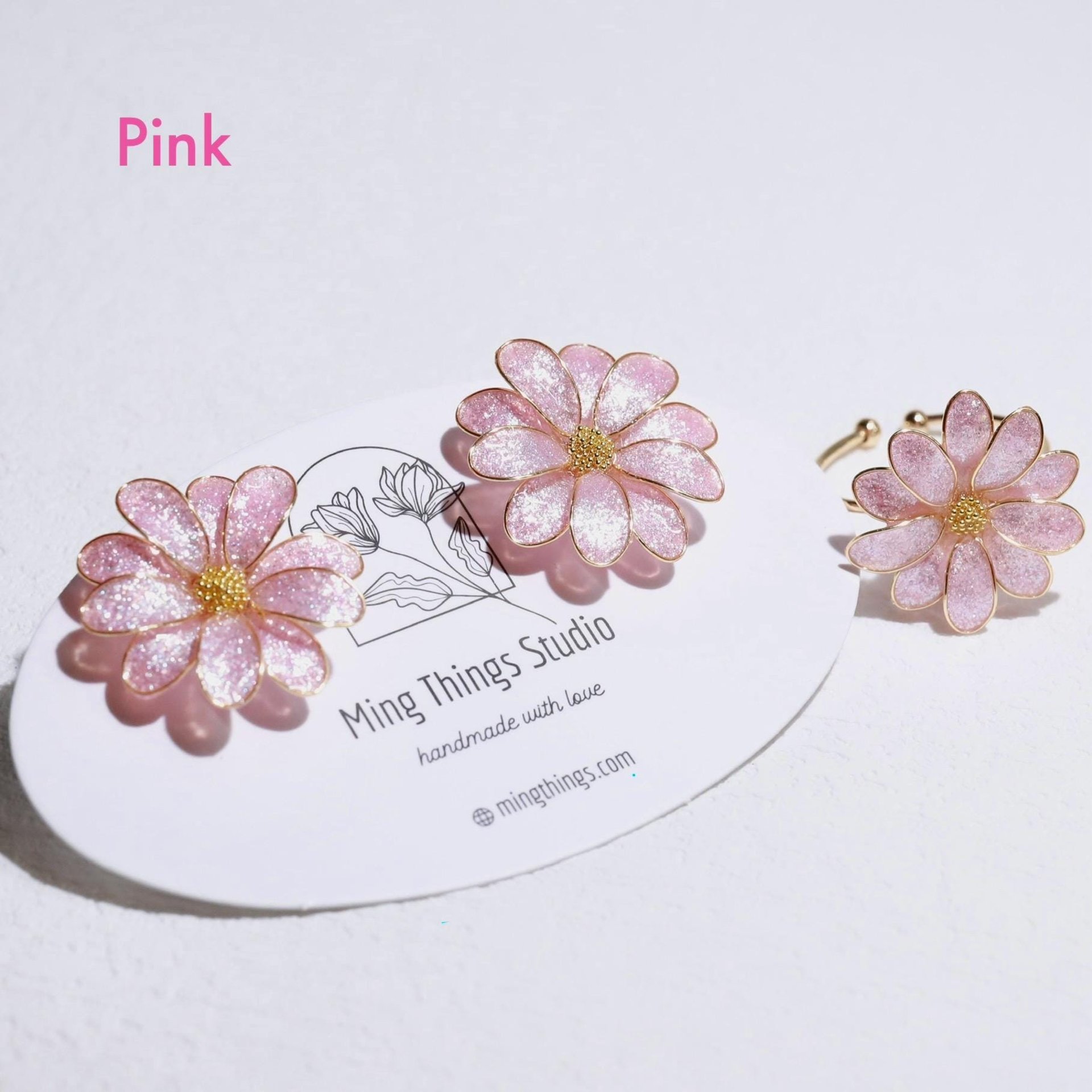 Handmade Daisy Blossom Sparkling Stud Earrings and Adjustable Rings. Elegant Crushed Diamond Jewelry. April Birth Flower. Clip-on Available.