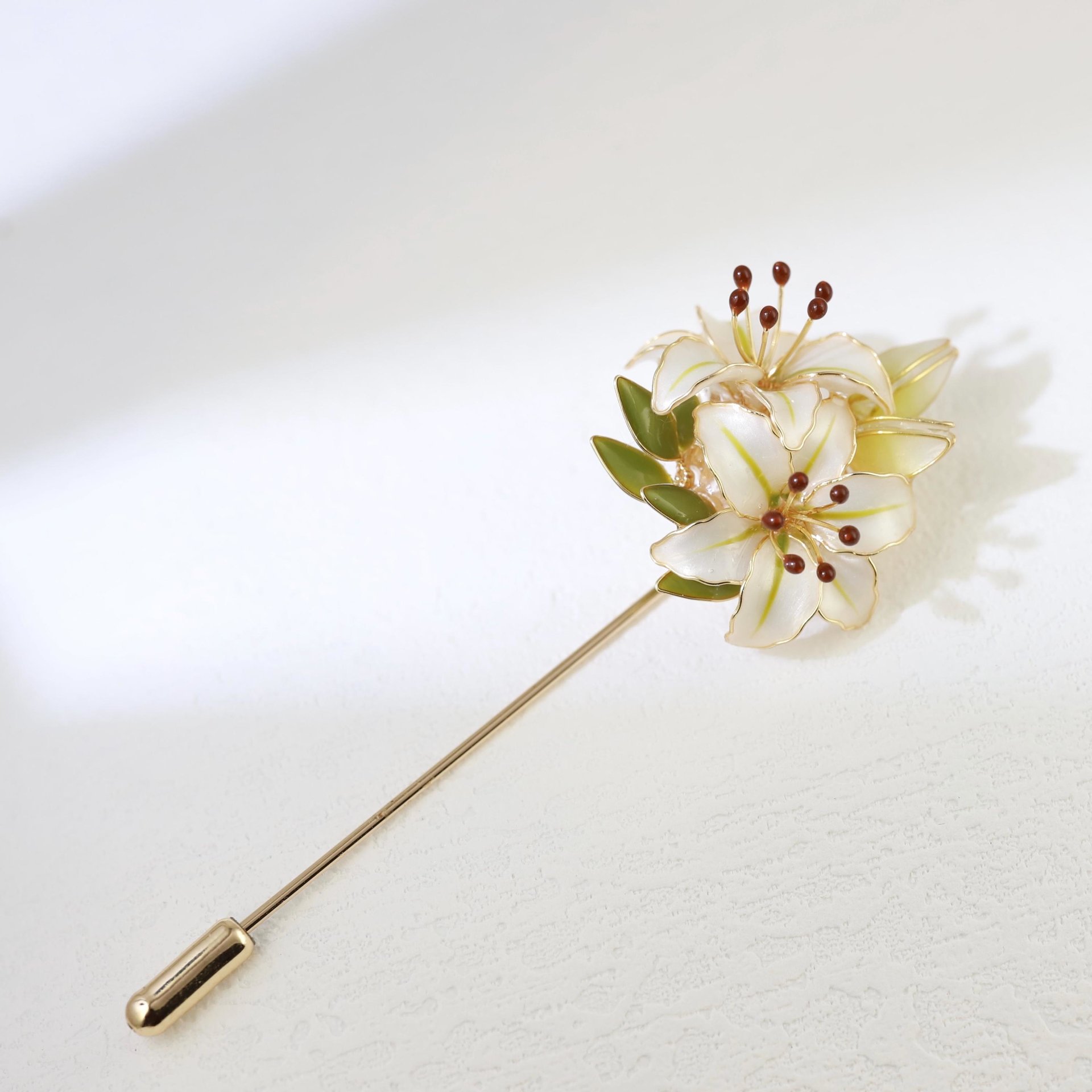 Handmade Lily Flower Brooch Pin, Delicate Floral Lapel Accessory for Suits & Sweaters, Elegant Jewelry Gift, Pearl White Enamel Wedding Pin