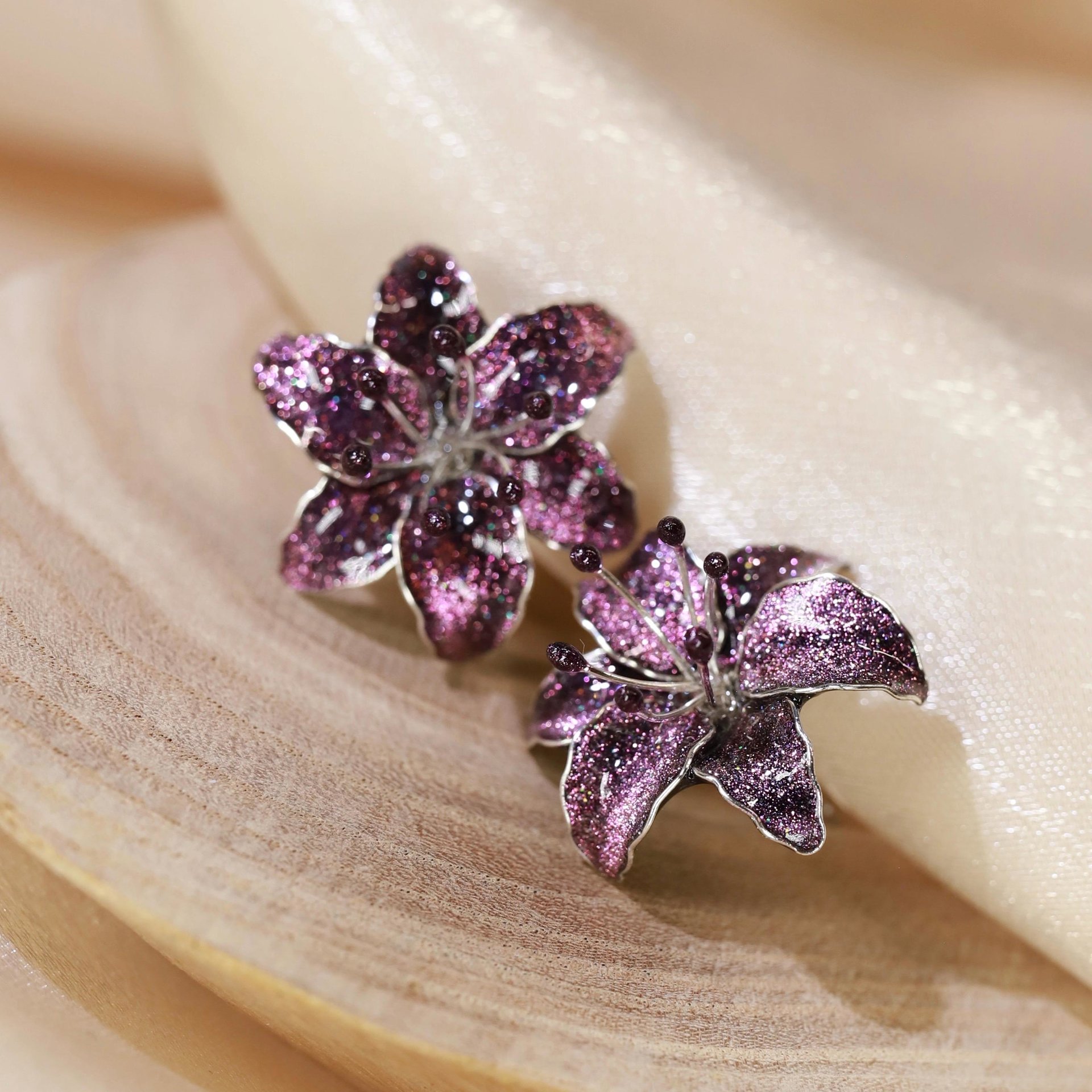 Handmade Wire Resin Sparkling Celestial Lily Flower Stud Earrings