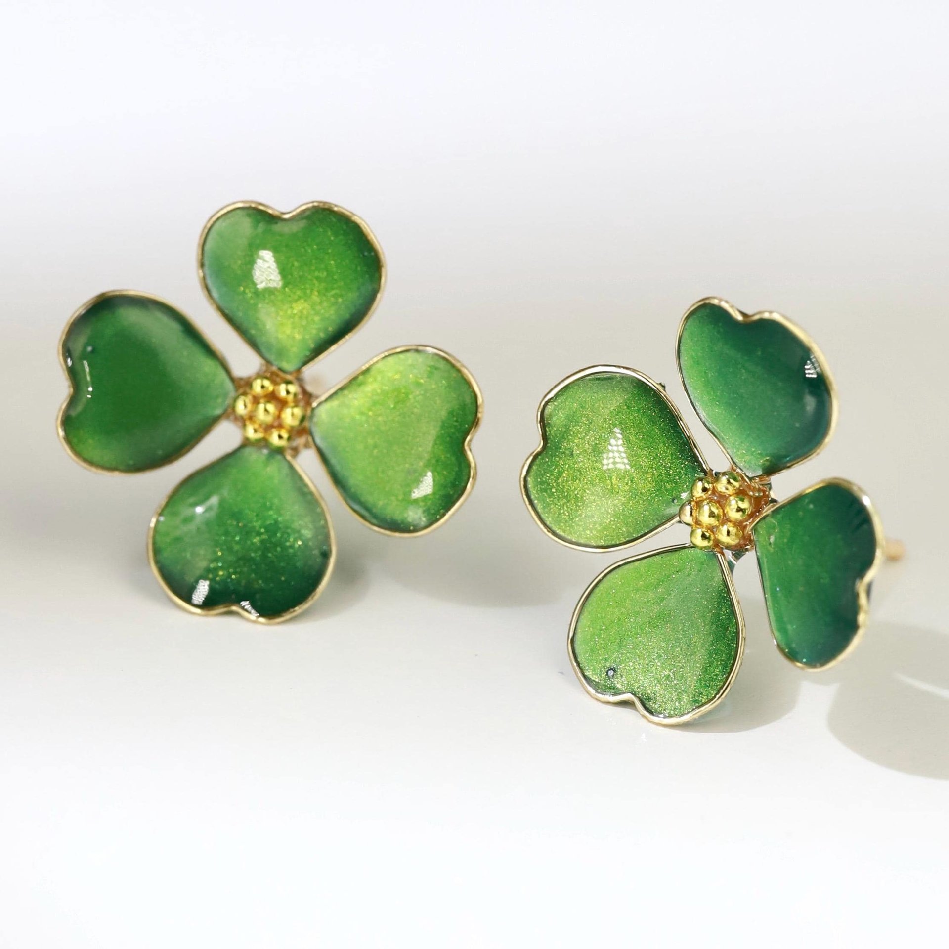 Handmade Four-Leaf Clover Earrings, Sparkling Green Enamel Style Shamrock Studs, Emerald Colored Resin Lucky Charm, St. Patrick’s Day  Gift