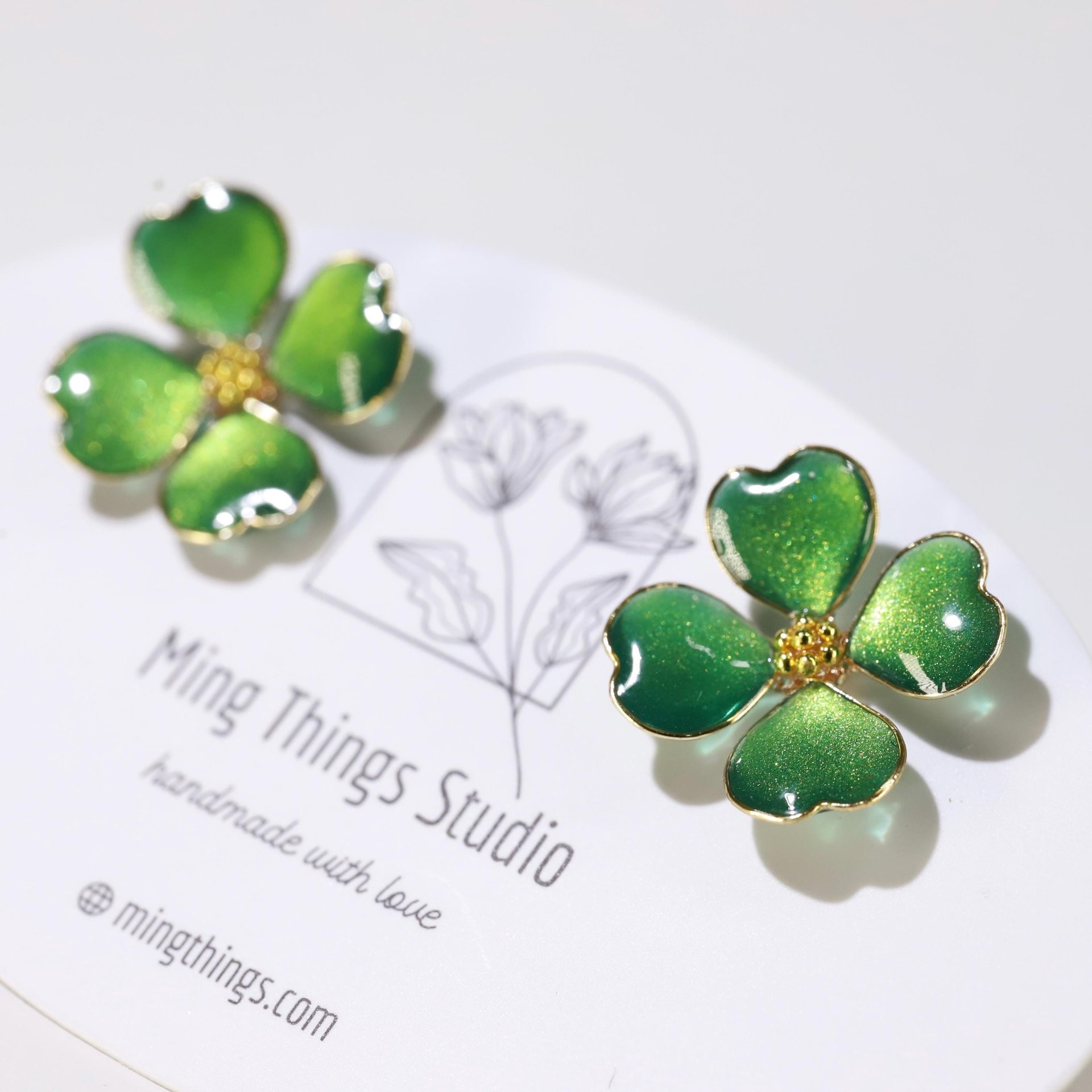 Handmade Four-Leaf Clover Earrings, Sparkling Green Enamel Style Shamrock Studs, Emerald Colored Resin Lucky Charm, St. Patrick’s Day  Gift