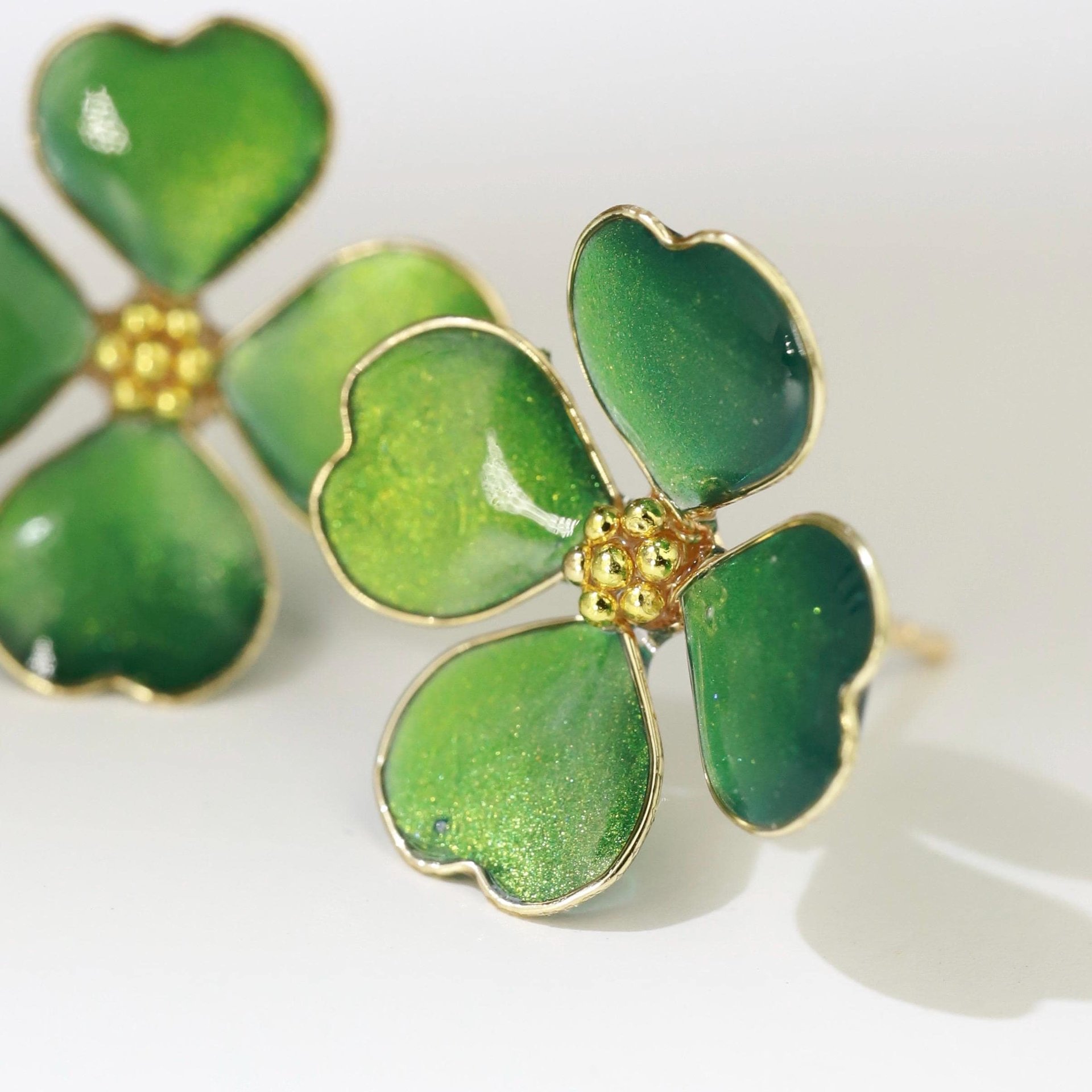 Handmade Four-Leaf Clover Earrings, Sparkling Green Enamel Style Shamrock Studs, Emerald Colored Resin Lucky Charm, St. Patrick’s Day  Gift