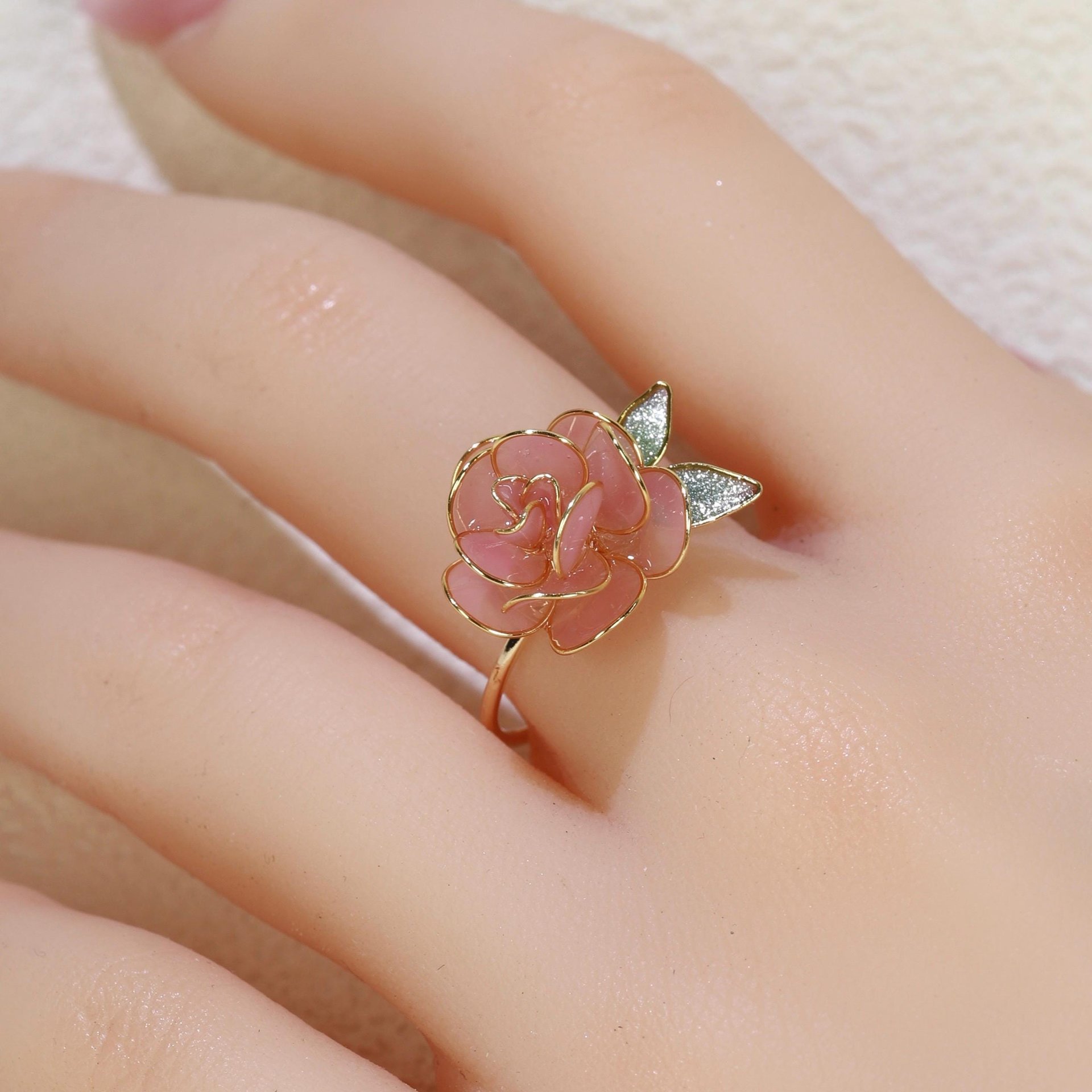 Handmade Adjustable Rose/Peony Flower Ring, Earrings, Wire Resin Floral Statement Ring, One Size Fits Most, Clip-on Earrings