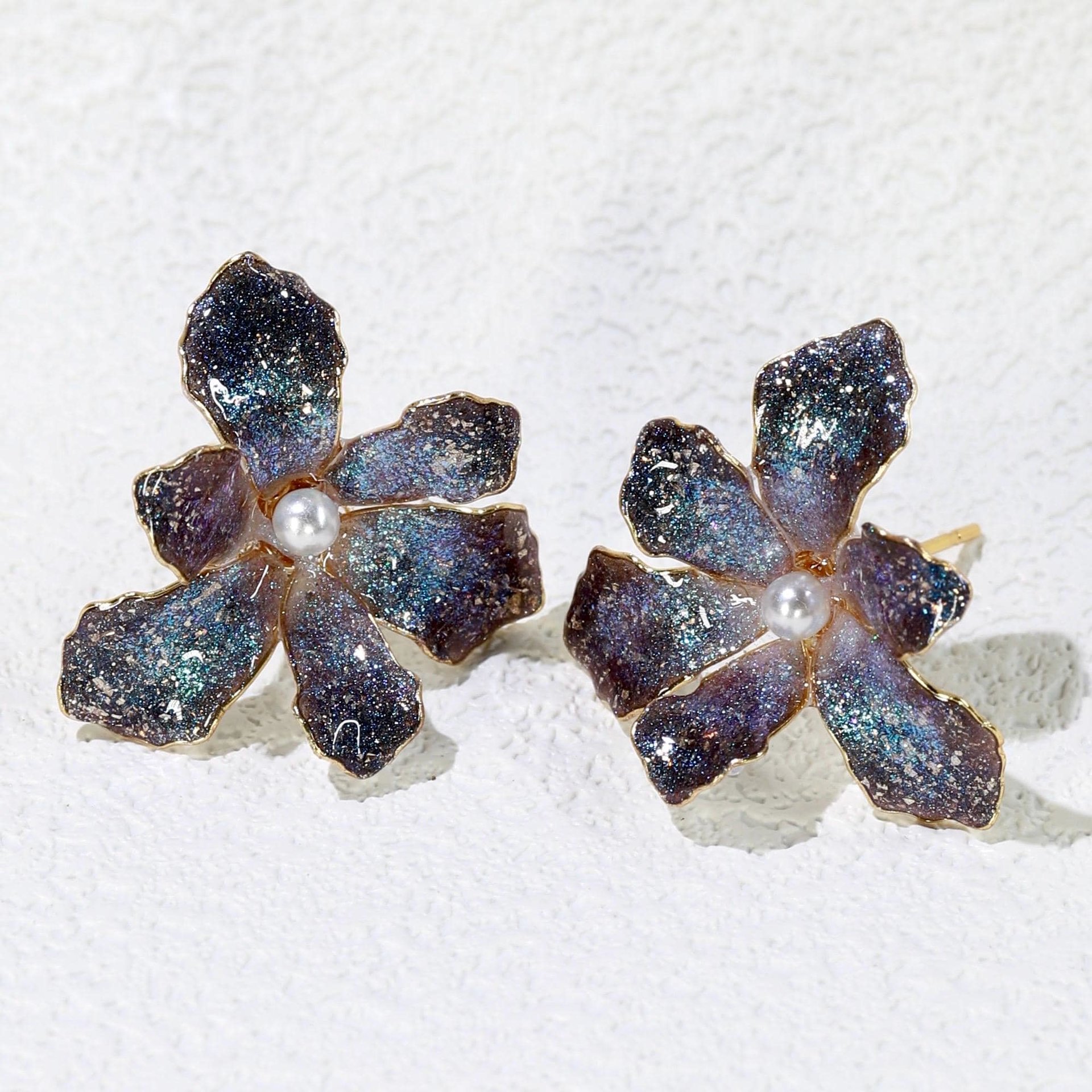 Handmade Iridescent Iris Orchid Flower Stud Earrings,  Resin Floral Whimsical Elegant Jewelry, Botanical Nature Inspired Accessories