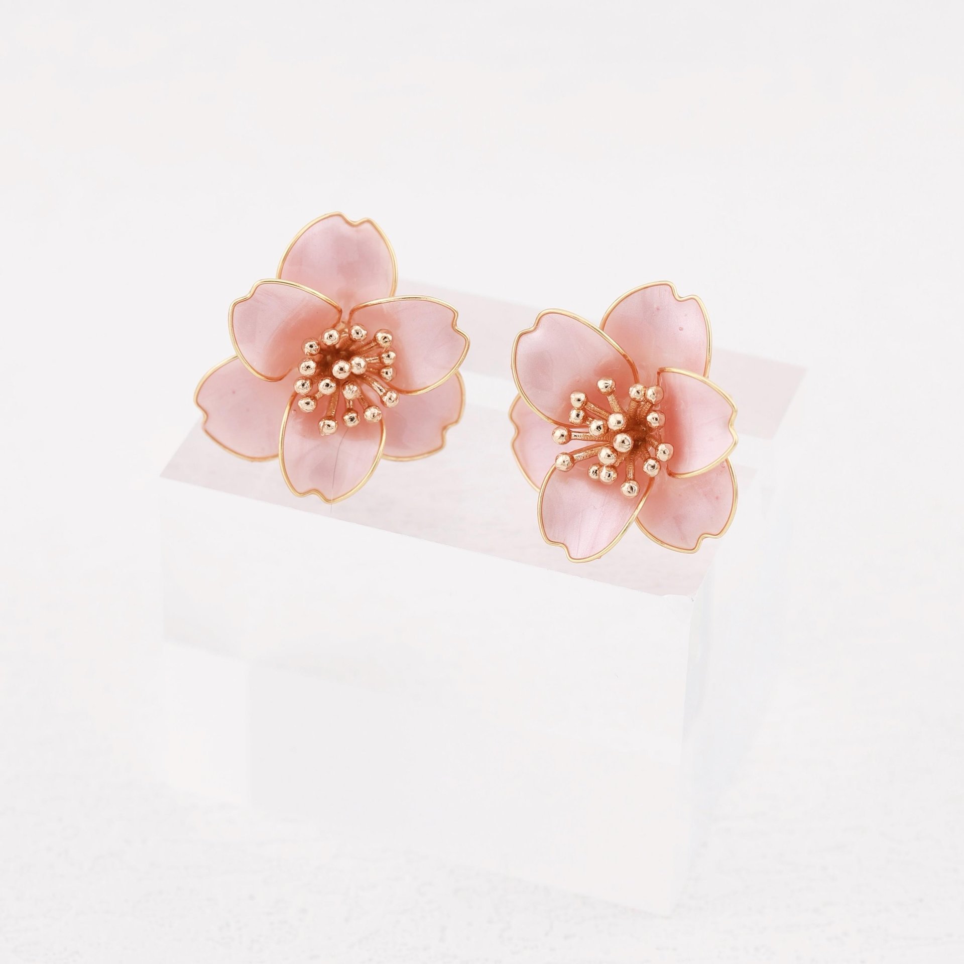 Handmade Camellia Flower Stud Earrings & Adjustable Ring