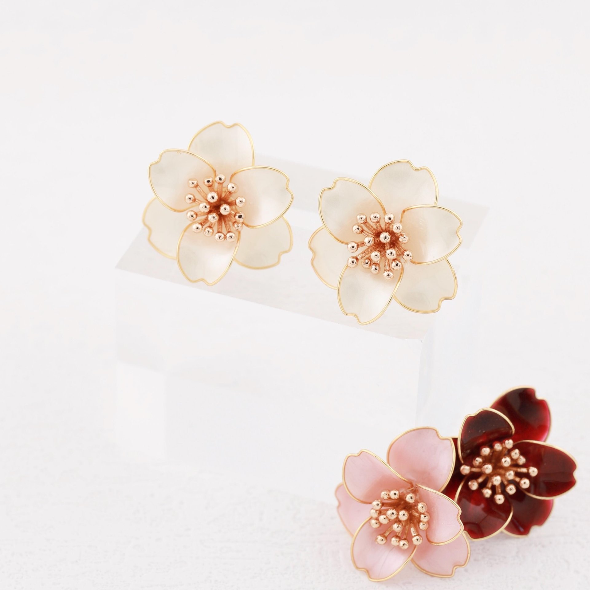 Handmade Camellia Flower Stud Earrings & Adjustable Ring
