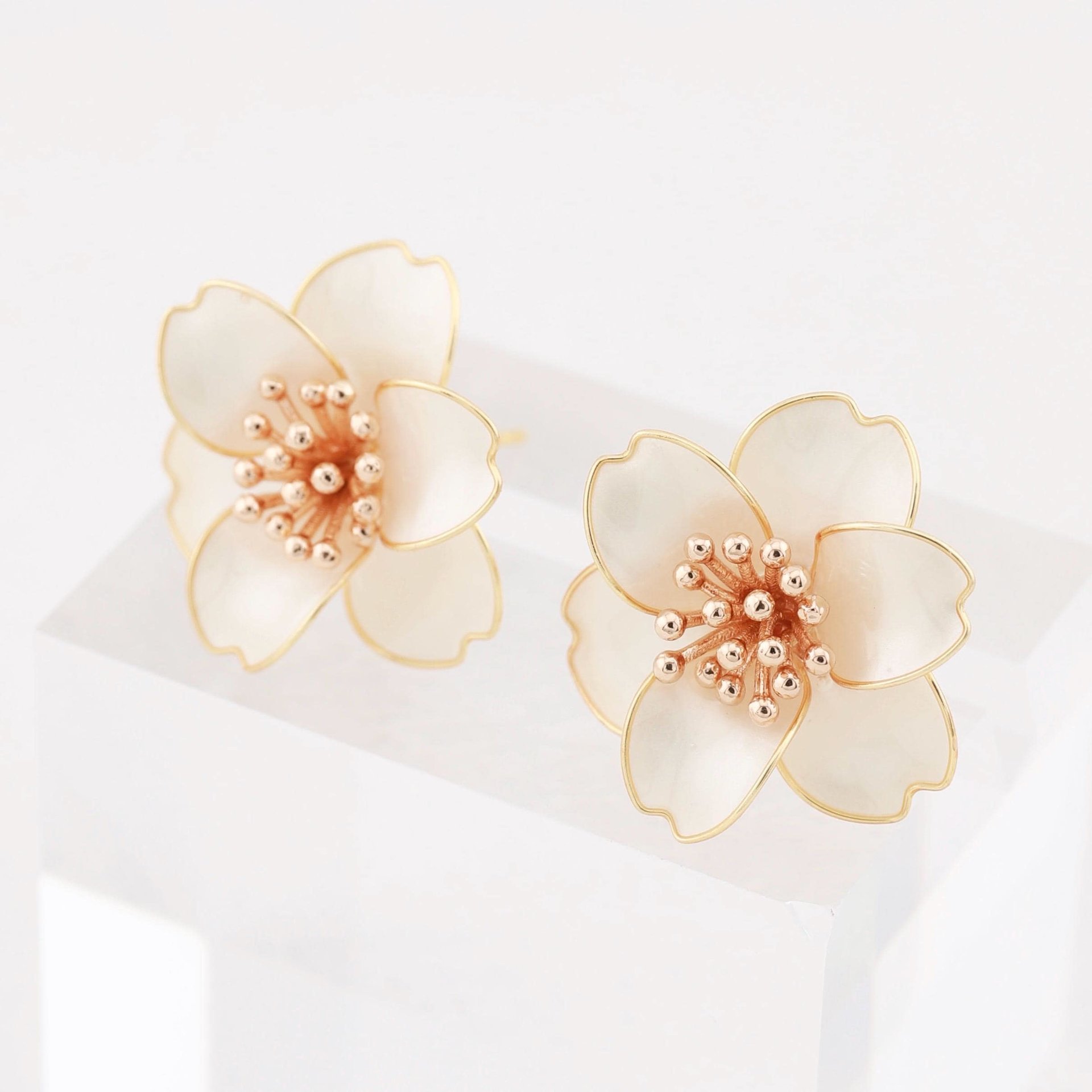 Handmade Camellia Flower Stud Earrings & Adjustable Ring