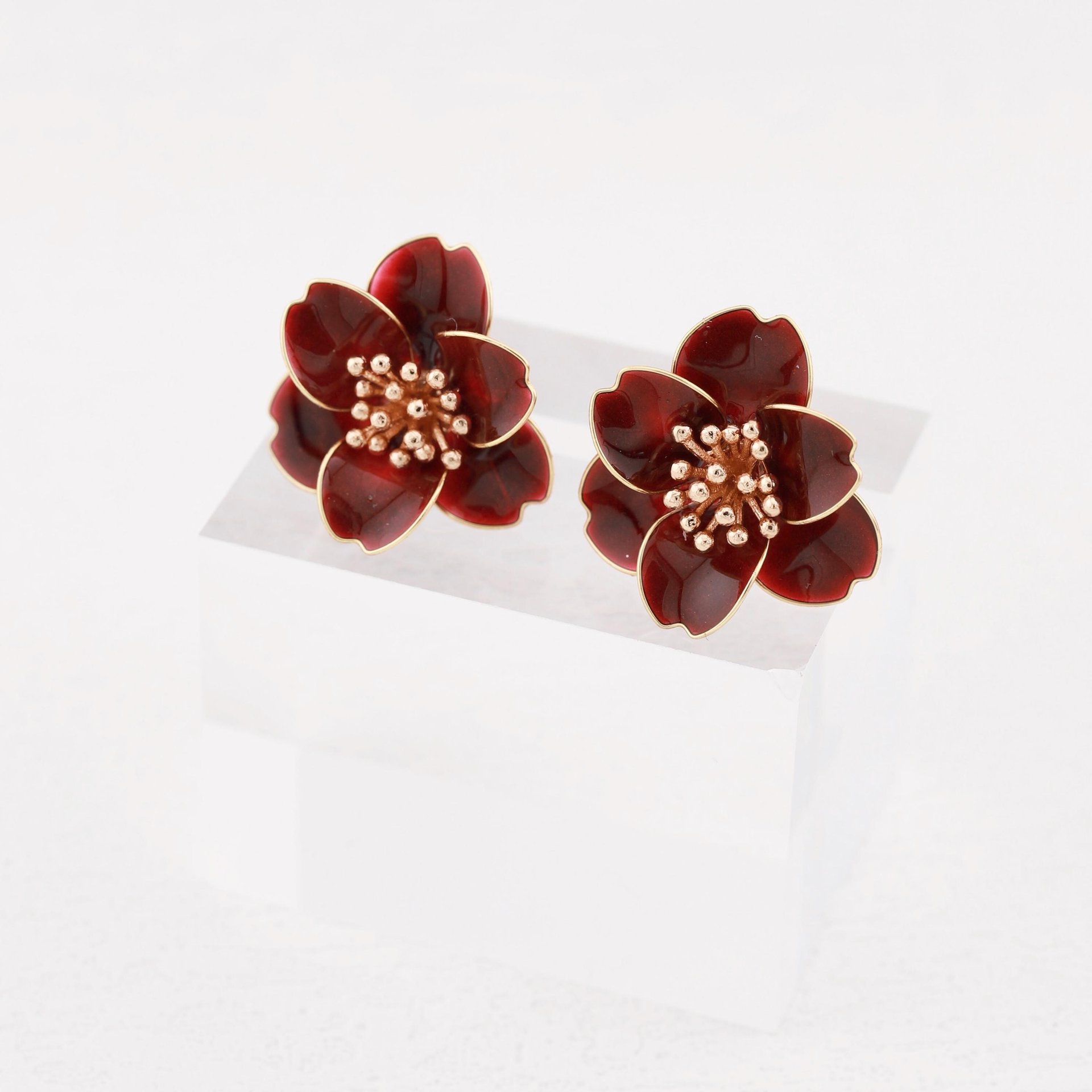 Handmade Camellia Flower Stud Earrings & Adjustable Ring