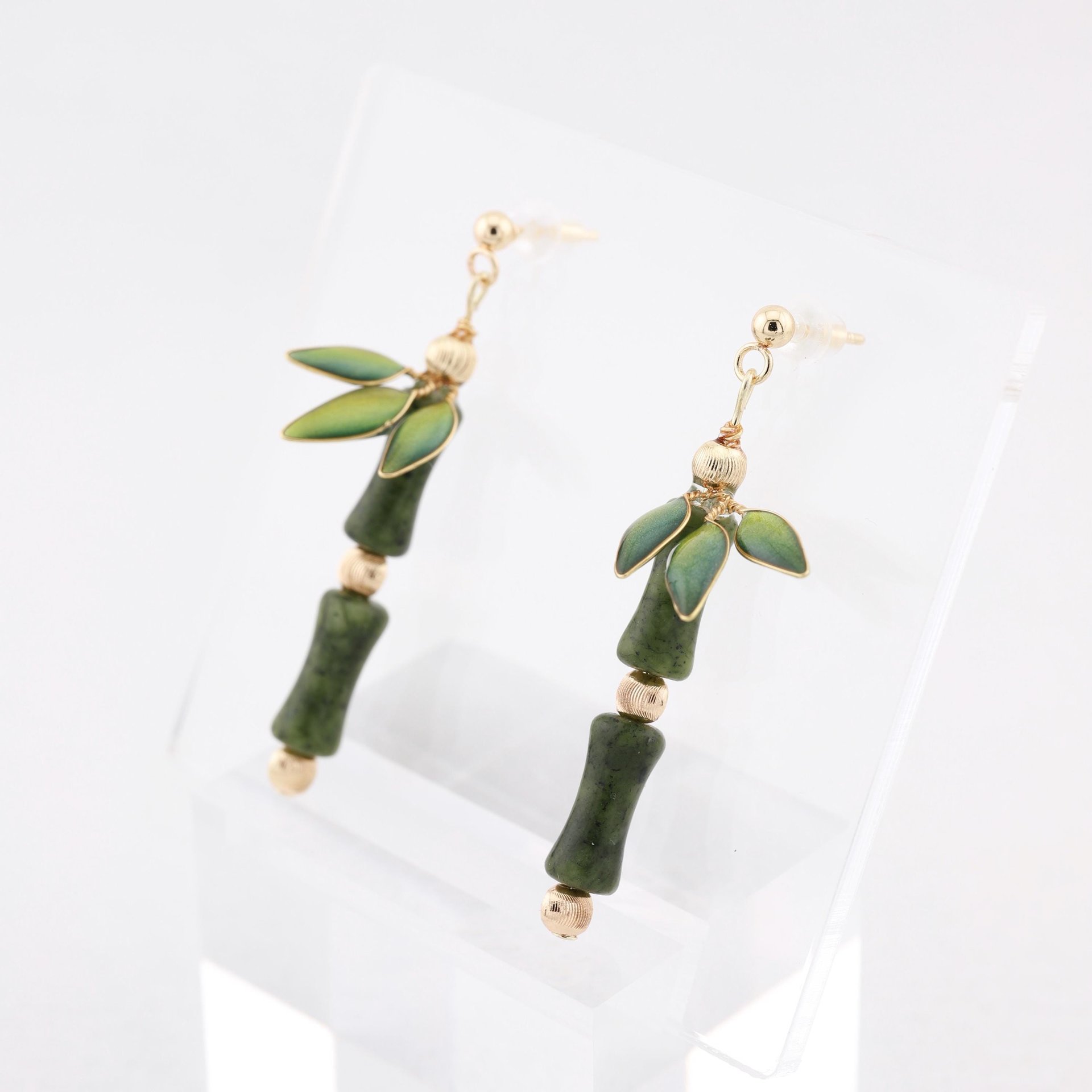 Handmade Jade Bamboo Dangle Earrings