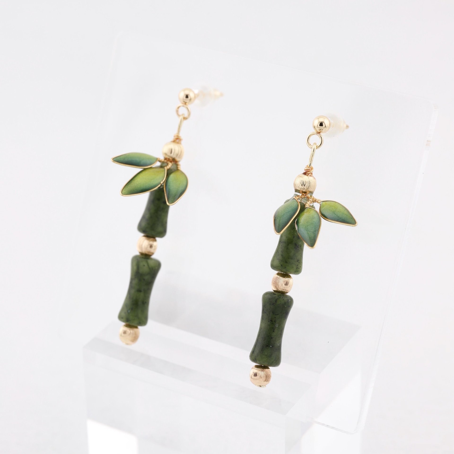 Handmade Jade Bamboo Dangle Earrings