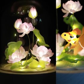 Handmade Lotus Flower Night Light, Glass Dome Flower Lamp, Lotus Lamp with Goldfish, Lotus Night Light, Flower Dome, Gift for Loved Ones