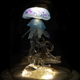 Handmade Mini Jellyfish Night Light Table Lamp - Ocean Themed Tropical Decor Glass Dome Aquarium