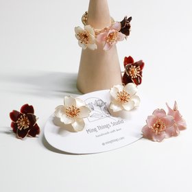 Handmade Camellia Flower Stud Earrings and Adjustable Ring, Nature Inspired Romantic Pearlescent Floral Resin Jewelry, Clip-On Available