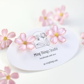 Handmade Wire Resin Cherry Blossom Pearlescent Stud Earrings, Floral Romantic Pink Sakura Stud, Clip On Available