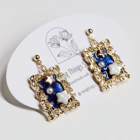 Starry Night Handmade Drop Statement Earrings: Romantic Sapphire Celestial Galaxy Jewelry, Gold & Pearl Stars with Floral Frame Accessories
