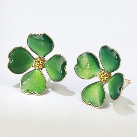 Handmade Four-Leaf Clover Earrings, Sparkling Green Enamel Style Shamrock Studs, Emerald Colored Resin Lucky Charm, St. Patrick’s Day  Gift